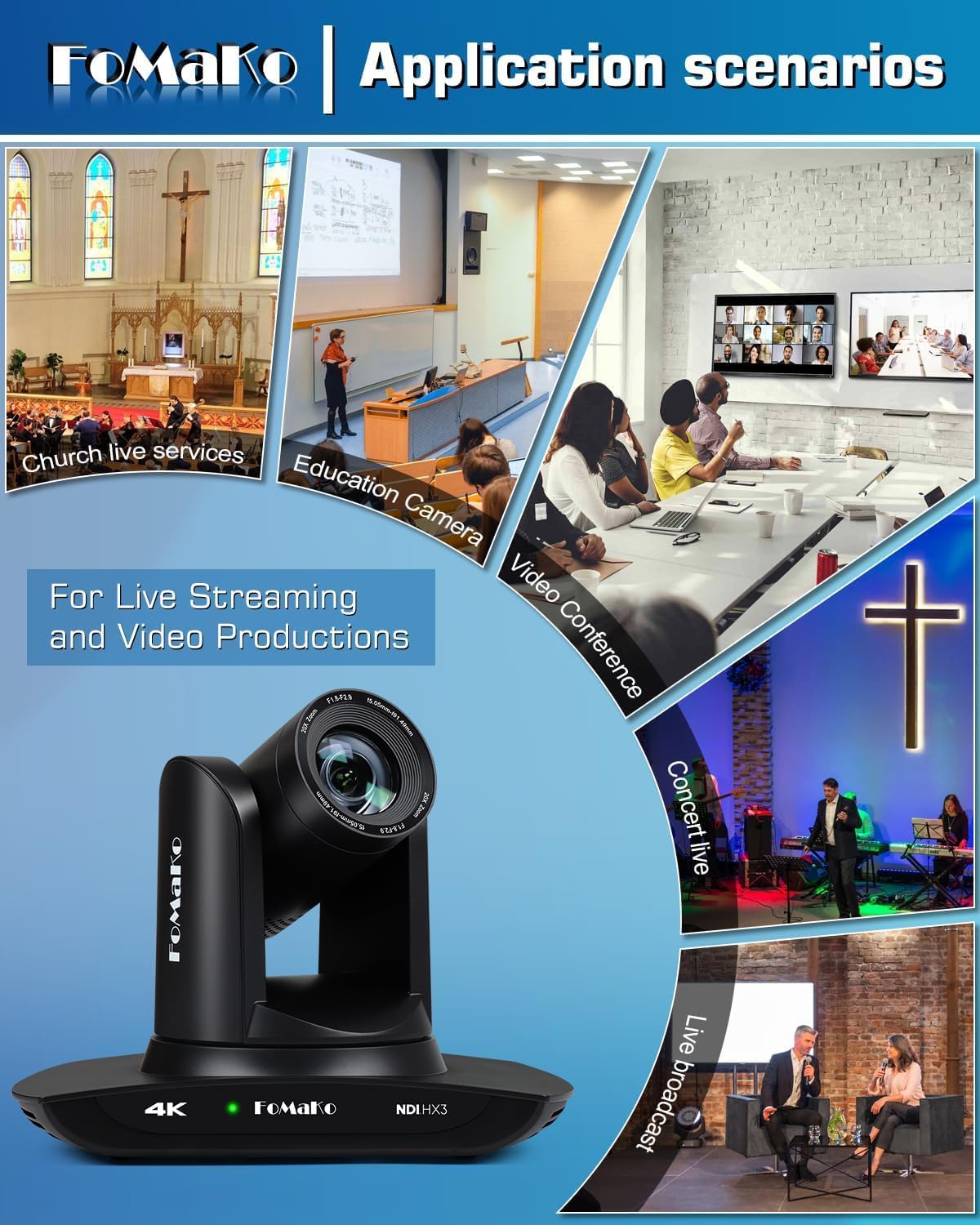 Detalle de FoMaKo 4K PTZ Kamera mit NDI HX3 – 20x optischer Zoom, KI-Tracking und Live-Streaming