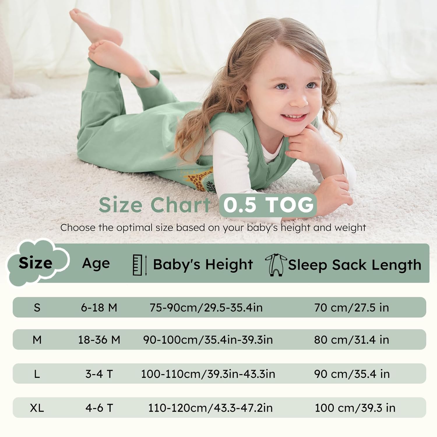 Detalle 2 de Yoofoss 2er Pack Baby Schlafsack mit Füßen 0.5 Tog – 100% Baumwolle, 80 cm, Grün Giraffe