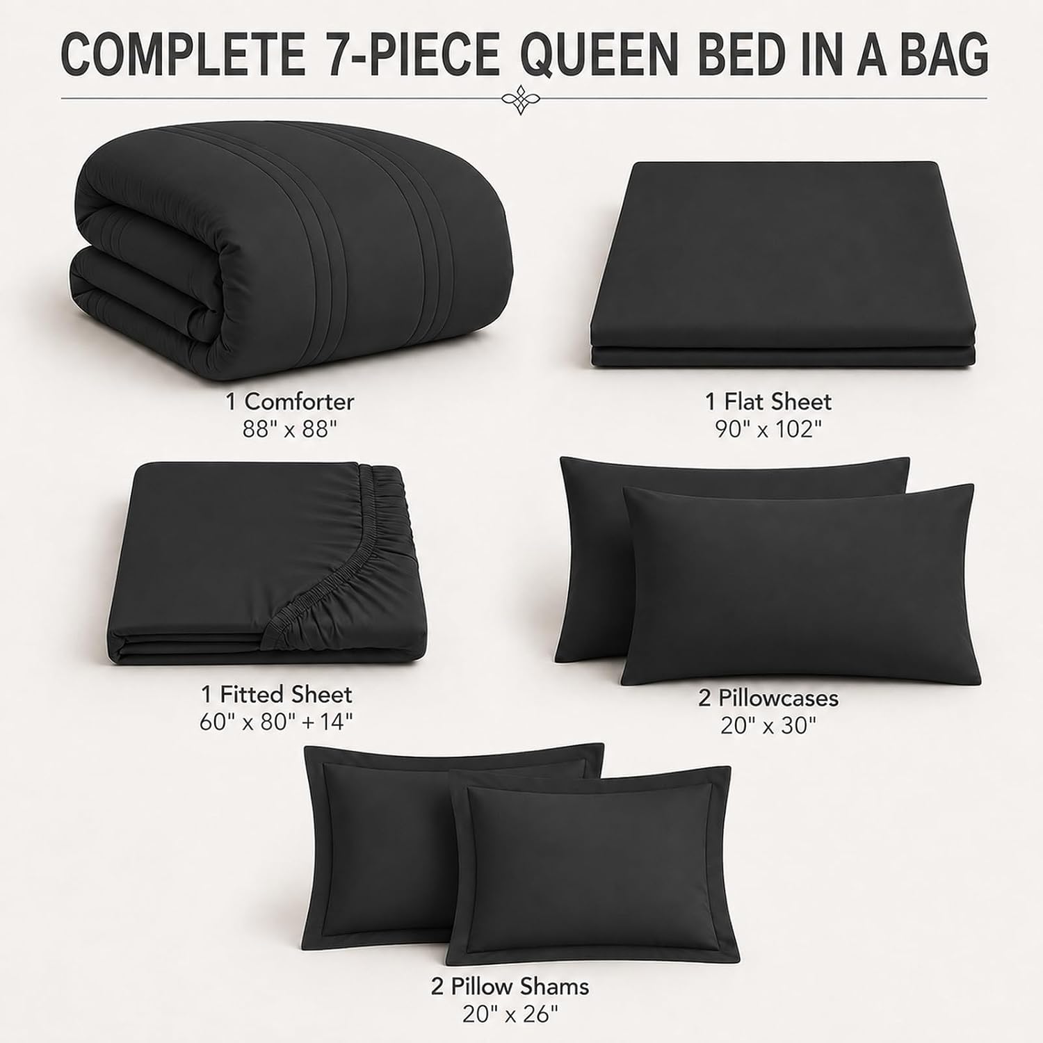 Thumbnail 5 de Velorose Queen Comforter Set Black – 7-Piece Bed in a Bag for All Seasons