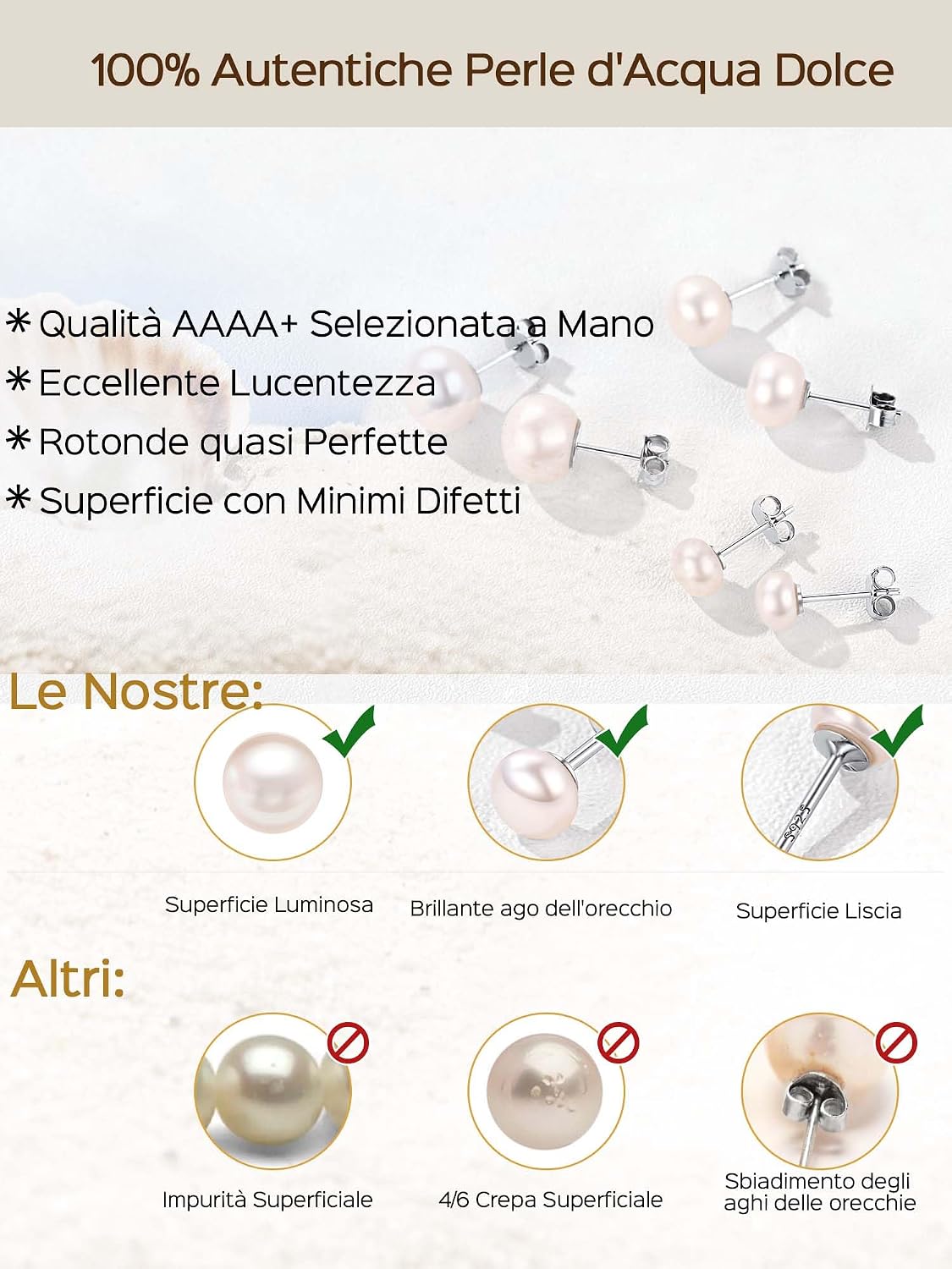 Detalle de ChicSilver Orecchini Perle Donna Argento 925 – Varie Dimensioni 4/6/8/10 mm