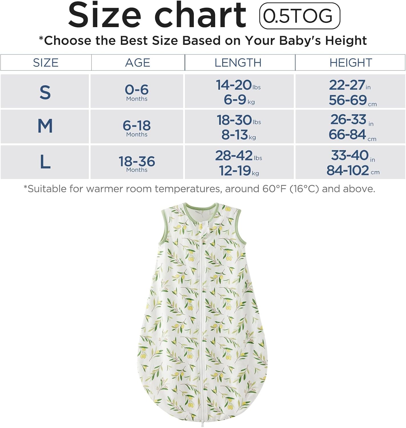Detalle de Duomiaomiao Baby 0.5 Tog Cotton Summer Sleeping Bag (18–36 months) – small leaves