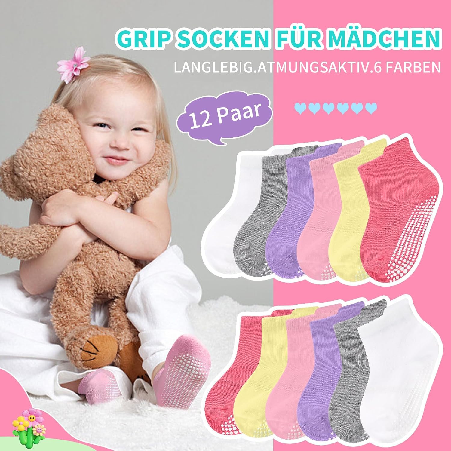 Thumbnail 6 de ELUTONG Kinder Antirutsch Knöchel Socken – 12 Paar Baumwollmix mit rutschfesten Noppen (6 Monate–7 Jahre)