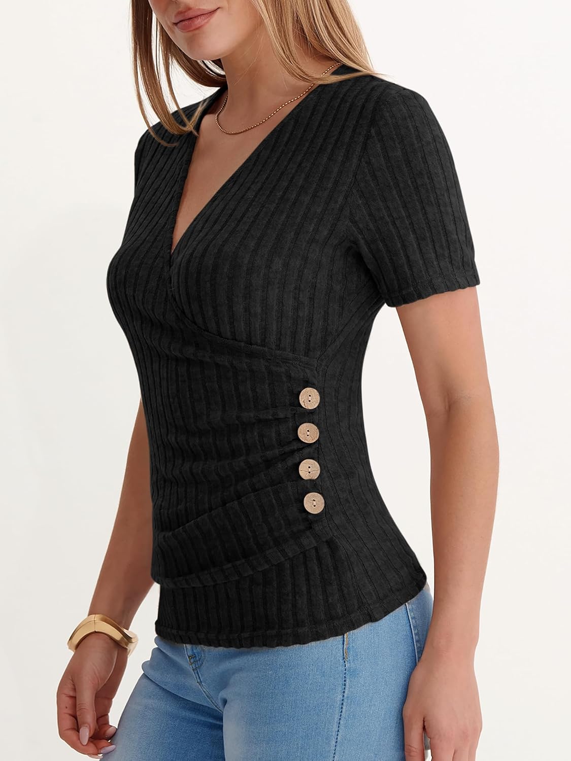 Thumbnail 4 de ANRABESS Women’s Short Sleeve V-Neck Ribbed Knit Slim-Fit Top with Side Buttons