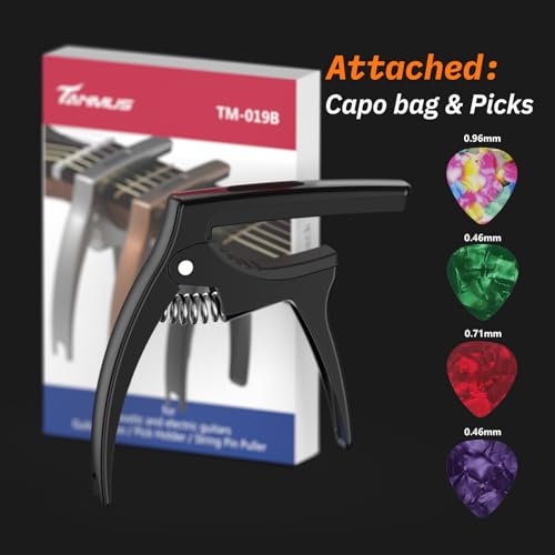 Detalle de TANMUS Guitar Capo 3in1: Metal Capo with Pin Puller, 360° Pick Holder and Soft Touch