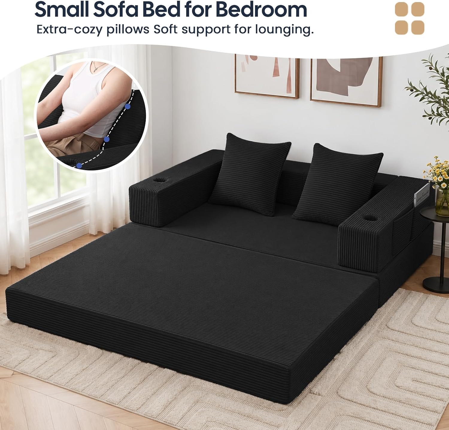 Detalle de COMAX Futon Sofa Bed: 4-in-1 Convertible, Space-Saving Boneless Couch for Small Living Spaces