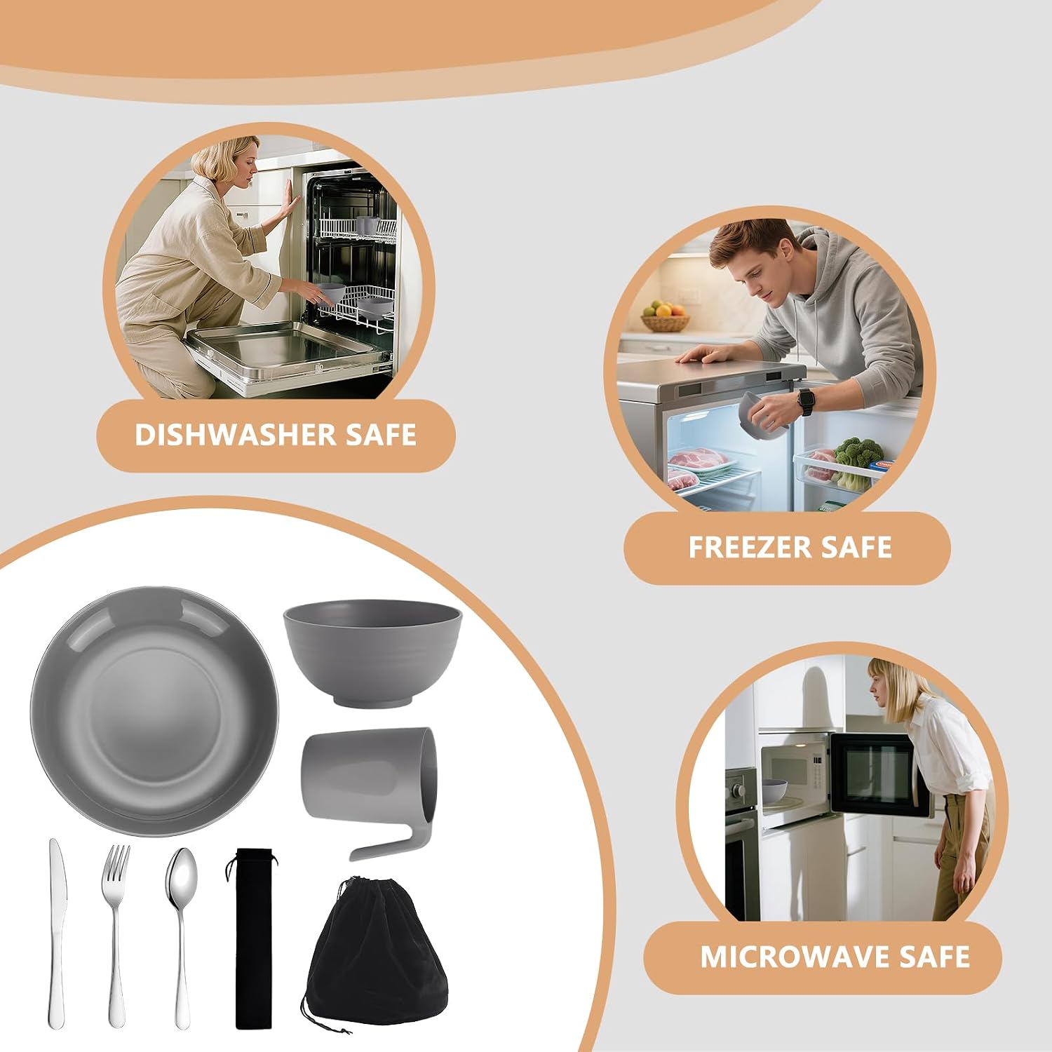 Detalle de Camping Plates and Bowls Set: Unbreakable, Portable Dinnerware for 1
