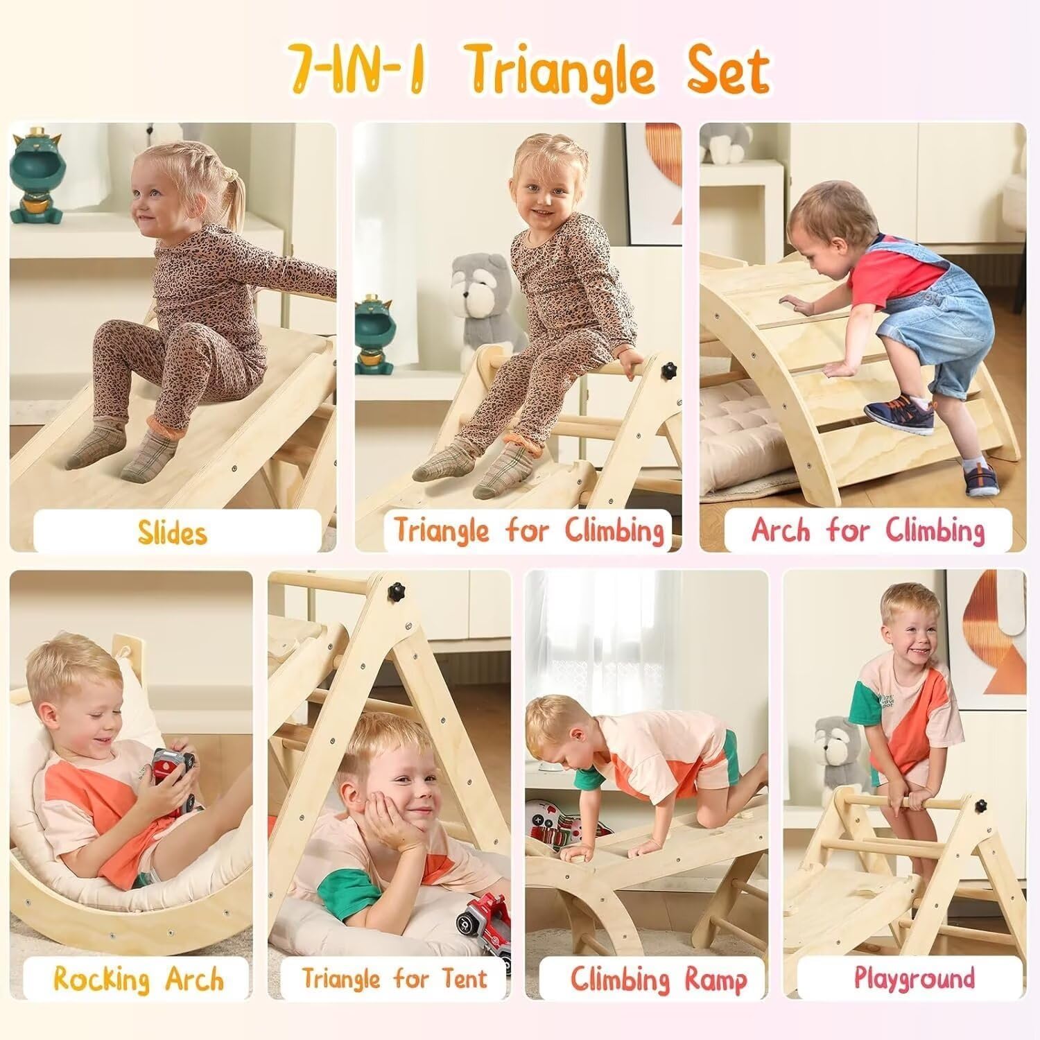 Detalle 2 de Yopnoyik Pikler Triangle Set with Cushion – 7 in 1 Indoor Wooden Climbing Toy for Toddlers