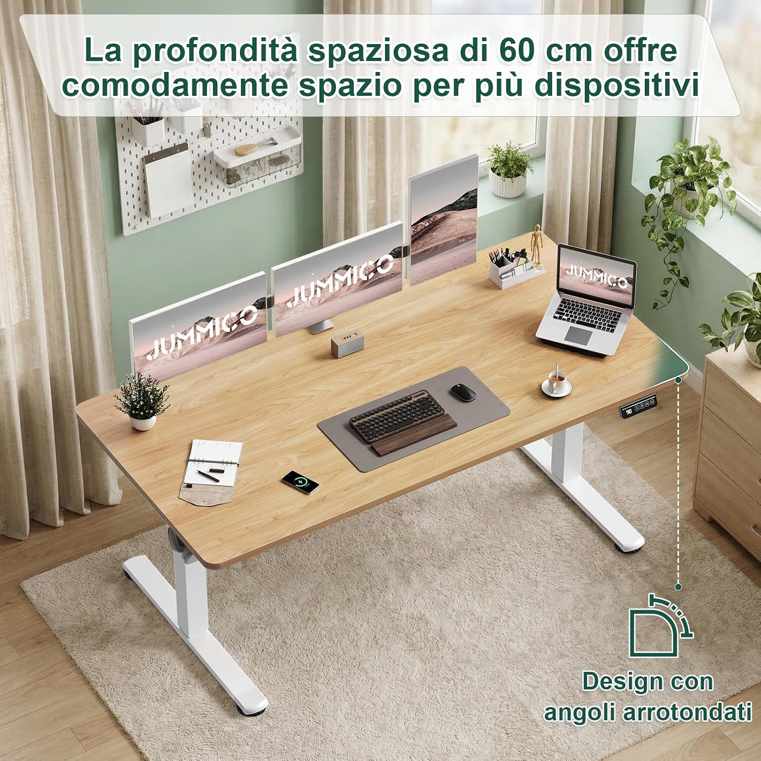 Thumbnail 2 de JUMMICO Scrivania regolabile in altezza 100×60 cm beige – telecomando a 4 tasti e memoria