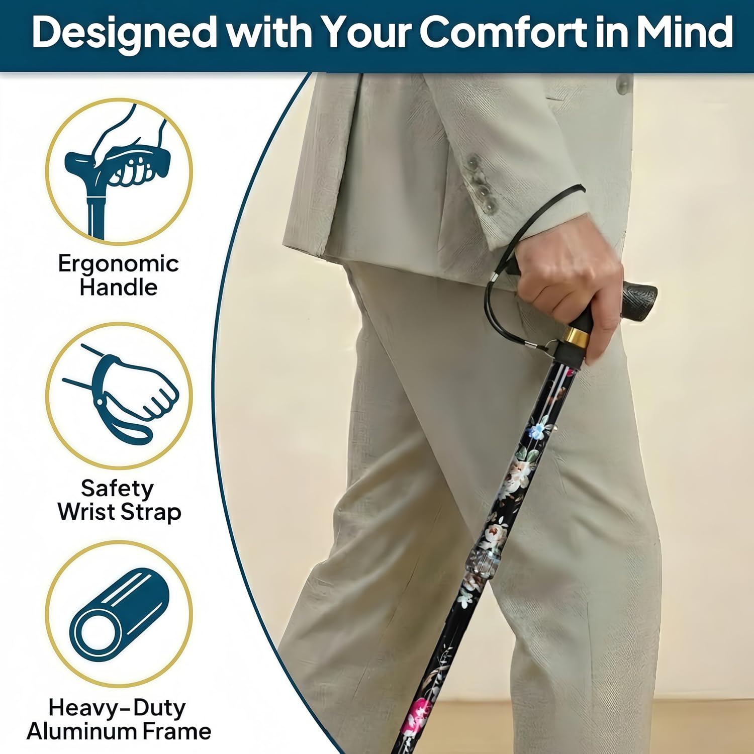 Detalle 2 de Hedkin Folding Walking Cane with LED Light, Adjustable Height, Quad Base