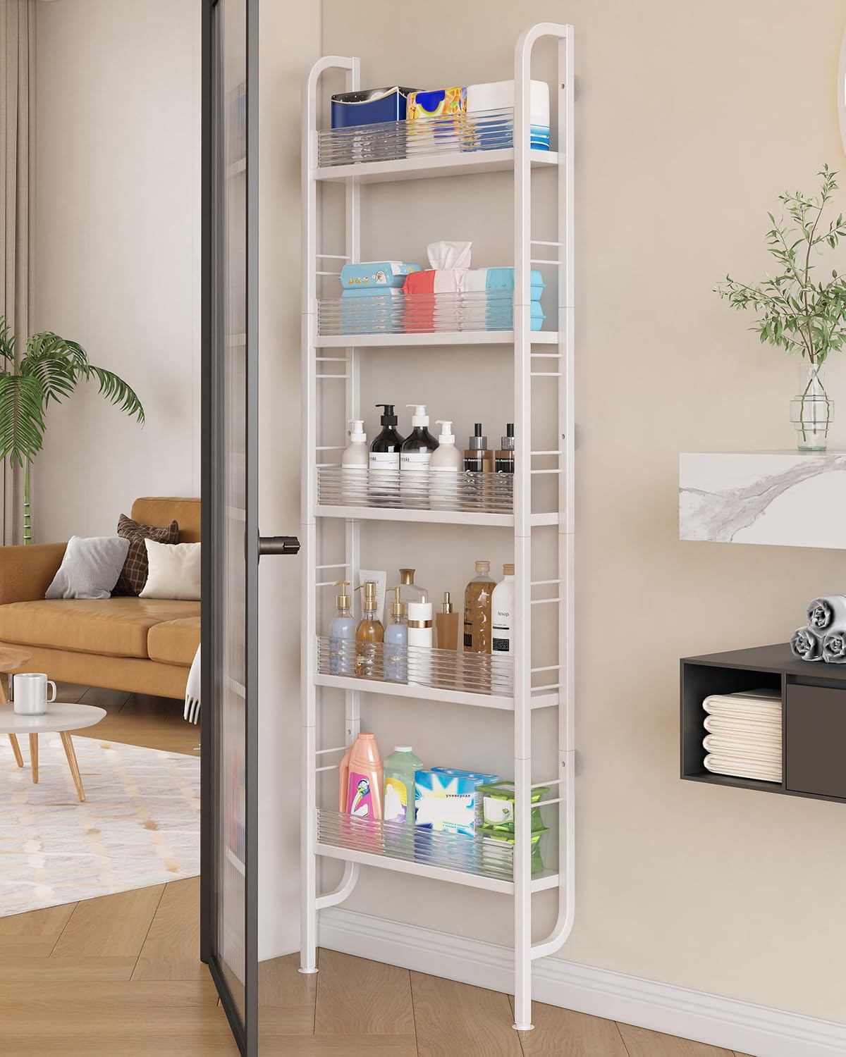 Detalle de Ornestia 5-Tier Behind-Door Bathroom Shelf, 9 cm Deep, White