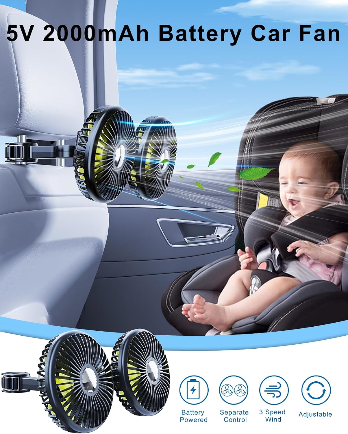Detalle 2 de Nauttxon Battery Fan for Car Backseat with 360° Rotatable 3 Speed