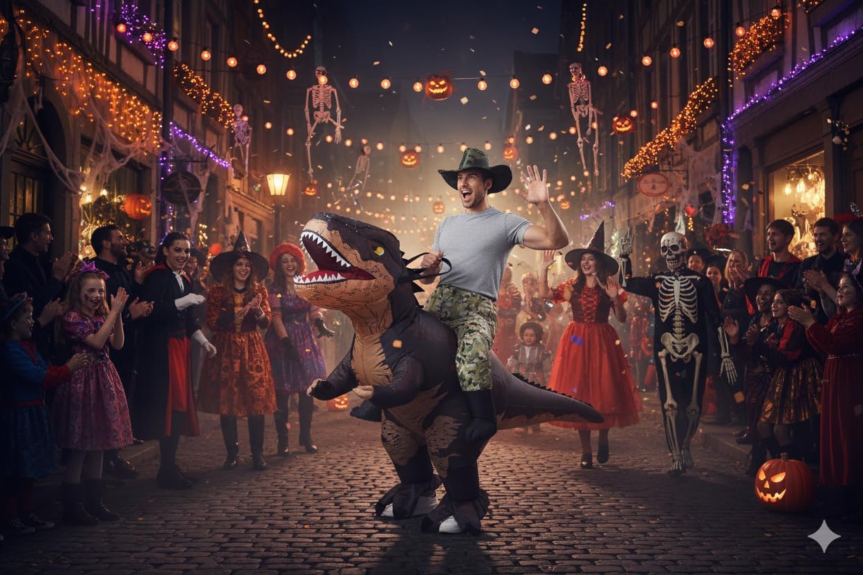 Thumbnail 6 de FUNFOCUS aufblasbares Dino-Kostüm für Erwachsene (Ganzkörper) – Luft-Dinosaurier für Fasching, Halloween & Party