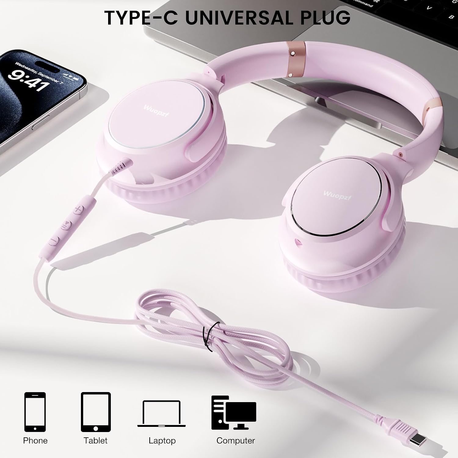 Detalle de Wuopzf USB‑C wired over‑ear headphones with microphone, volume control and foldable design