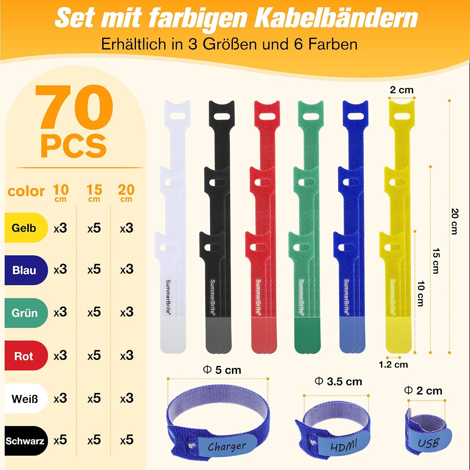 Detalle 2 de Summerbrite Kabelbinder Klett 70 Stück