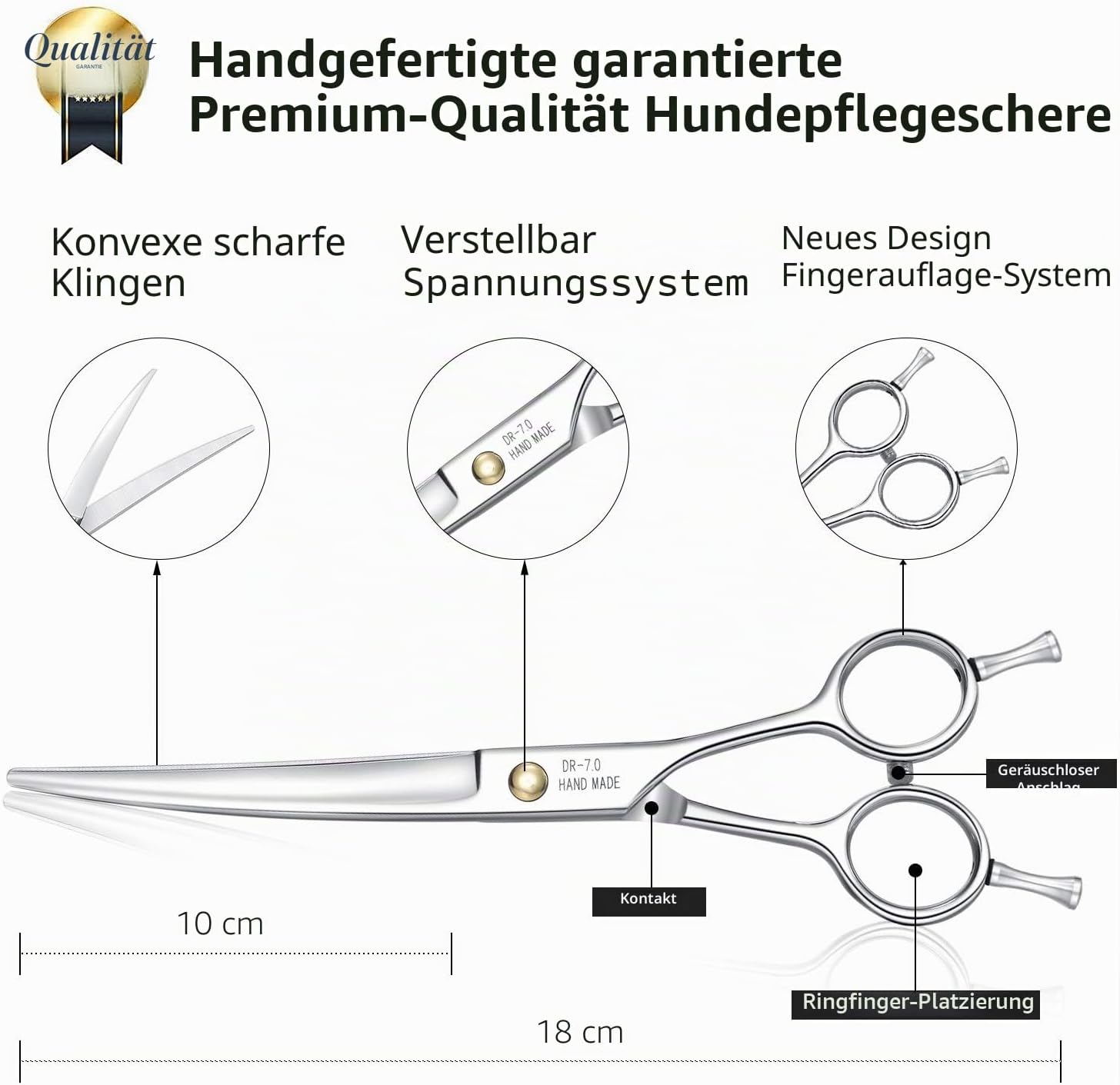 Detalle de Dream Reach Professionelle Fellschere (gebogene 7-Zoll-Schere, 440C Edelstahl) für Hund & Katze