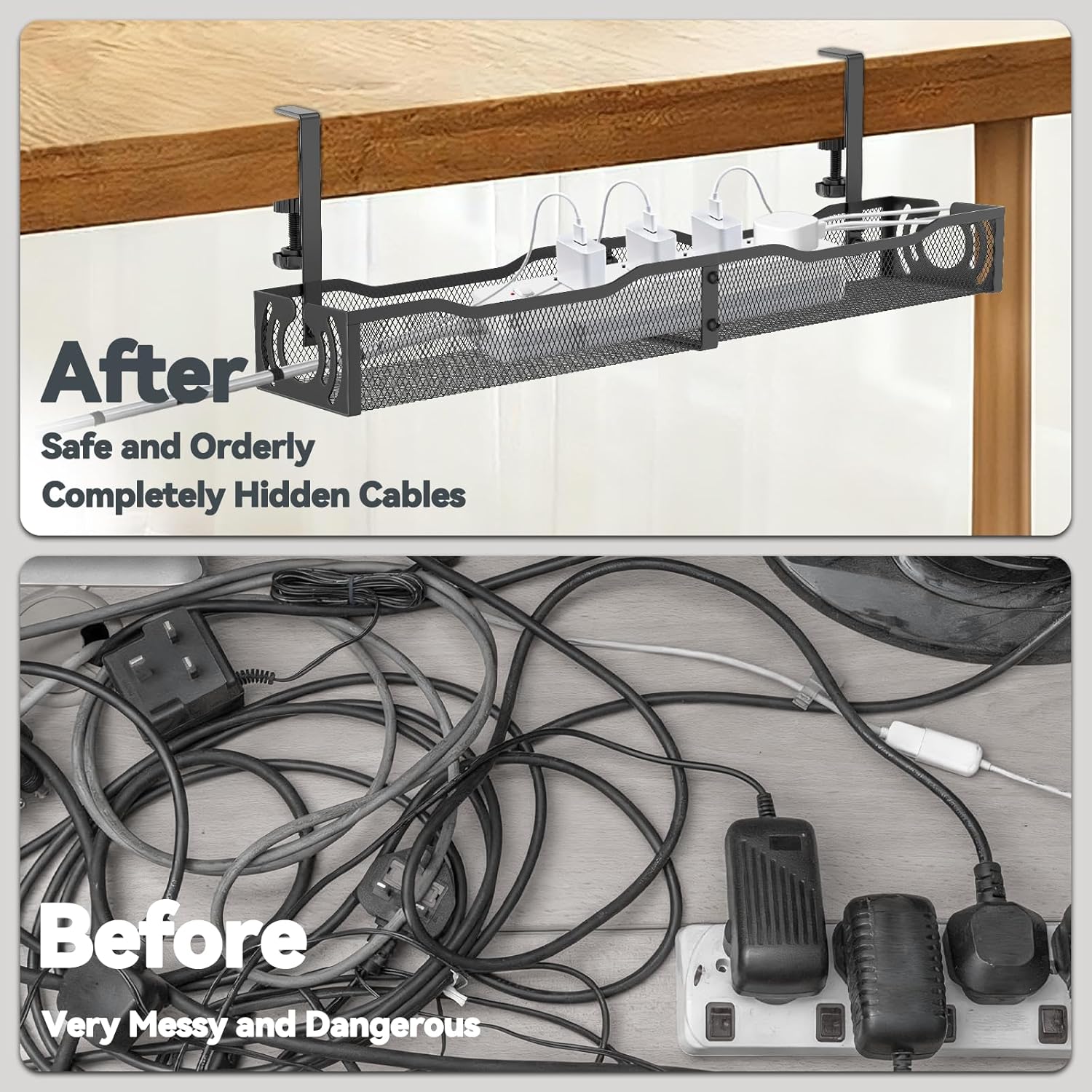Detalle de Cable Management 25.3'' Under Desk Tray — No Drill, Metal Cord Organizer with Clamp