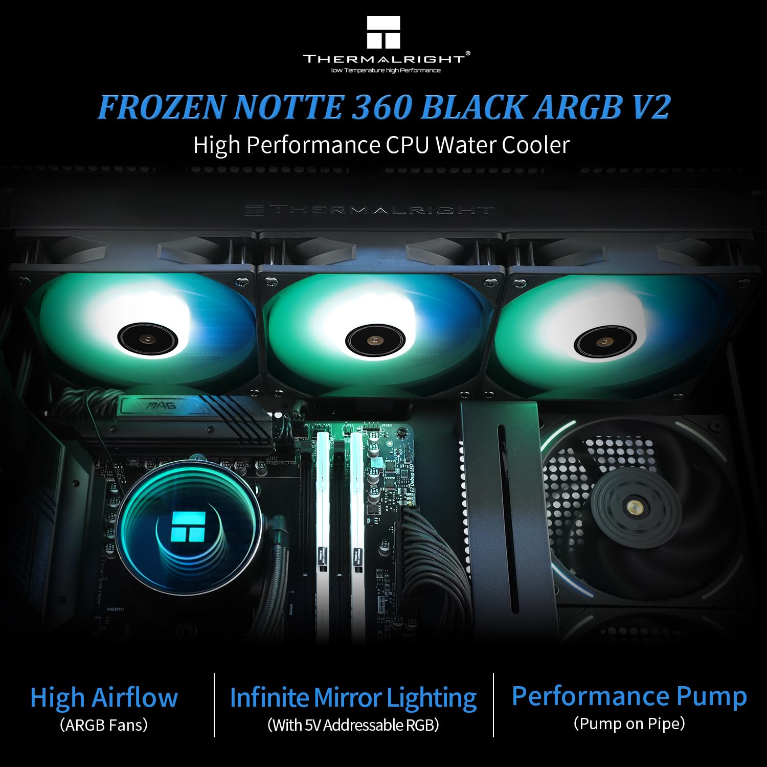 Detalle de Thermalright Frozen Notte 360 Black ARGB V2 360mm AIO liquid CPU cooler (AM4/AM5, Intel LGA 1851/1700/115x/1200/2011)