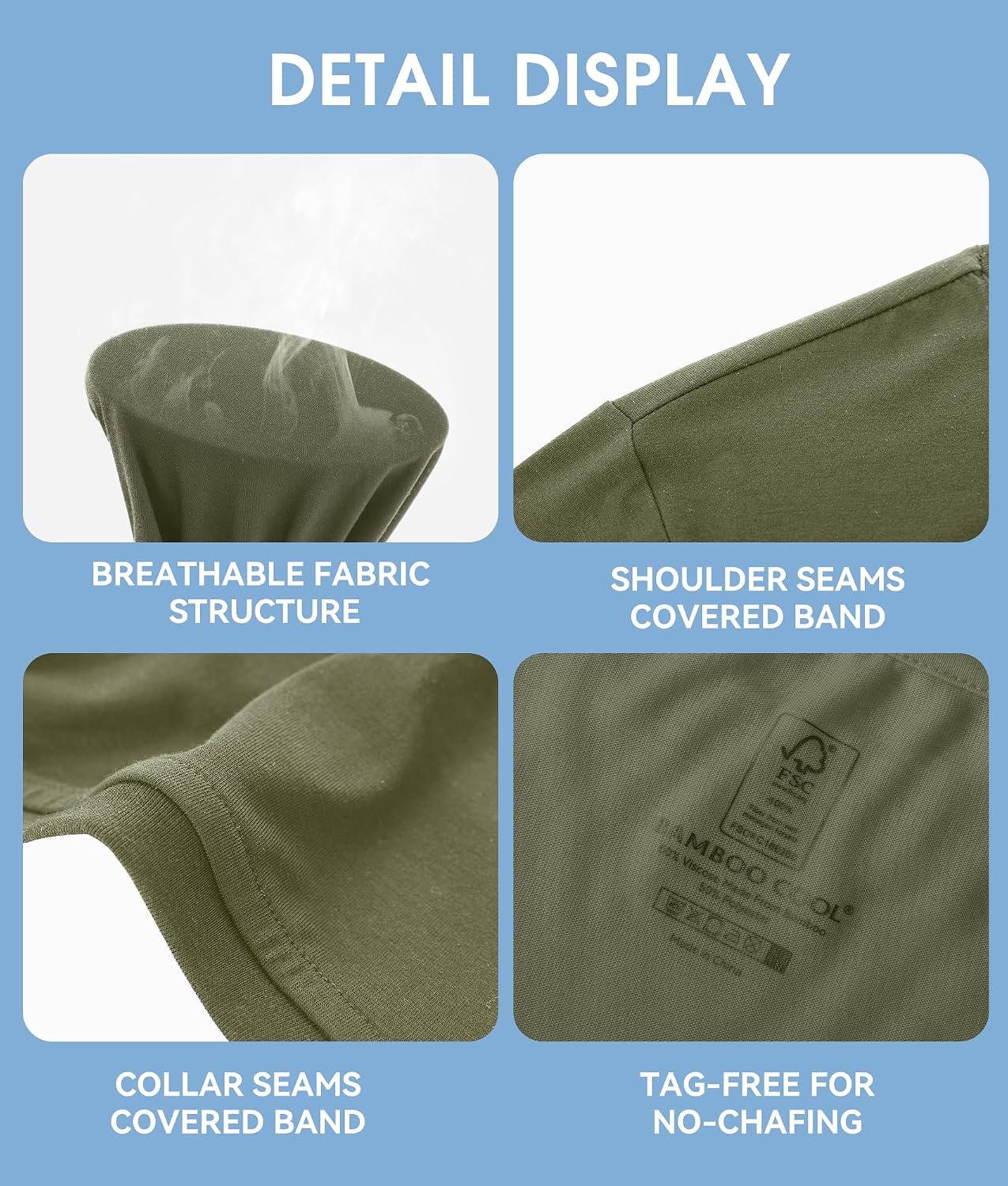 Detalle de BAMBOO COOL Men's Crew Neck Undershirts – Moisture-Wicking Bamboo-Polyester (Pack of 3 or 6)