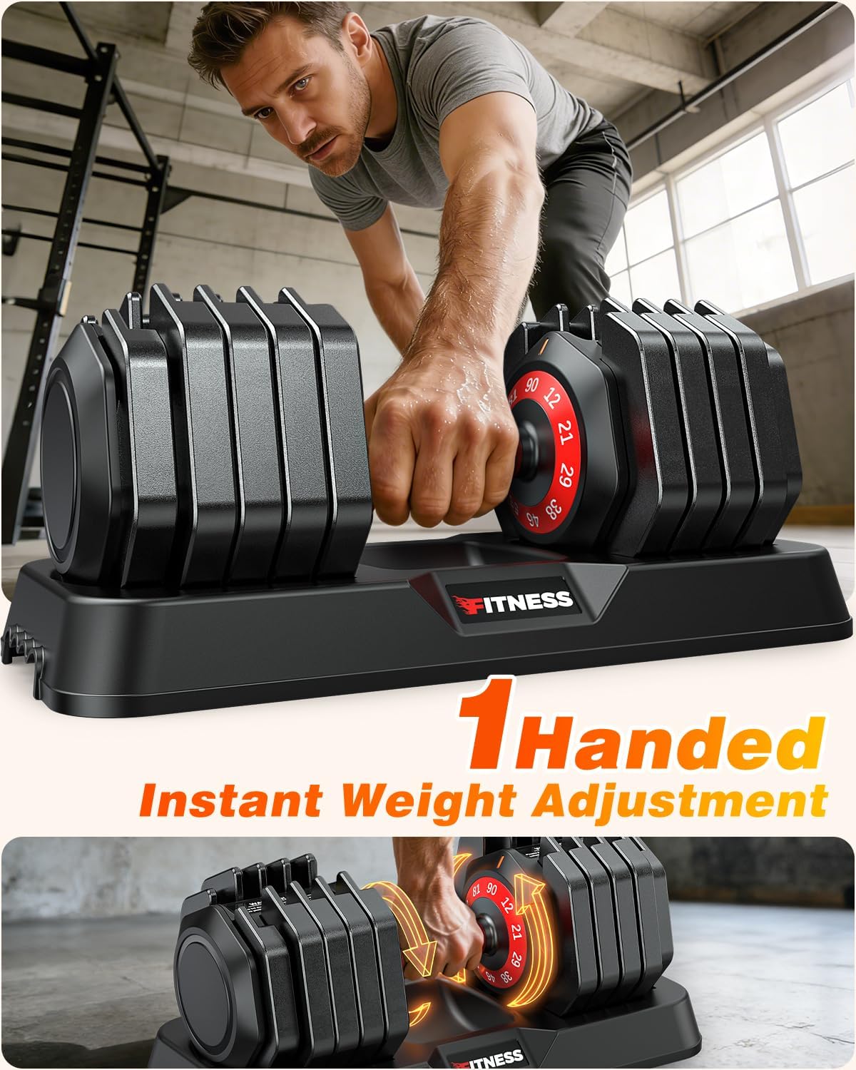 Detalle de XDDIAS Adjustable Dumbbell Set, 90 lb Pair with One-Hand Selector and Tray