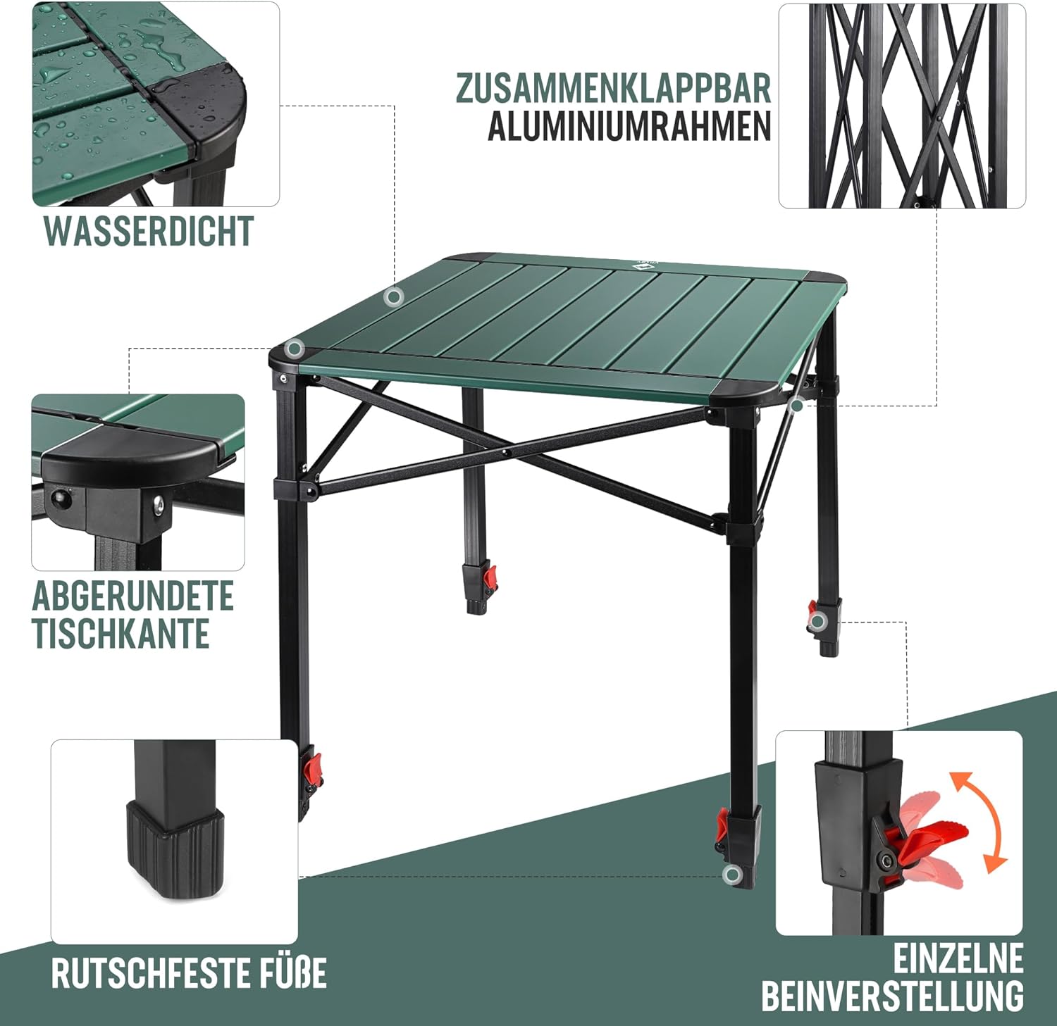 Detalle de VILLEY Aluminium Klapptisch 52×52×65 cm – klappbar, mit Tragetasche und verstellbarem Bein
