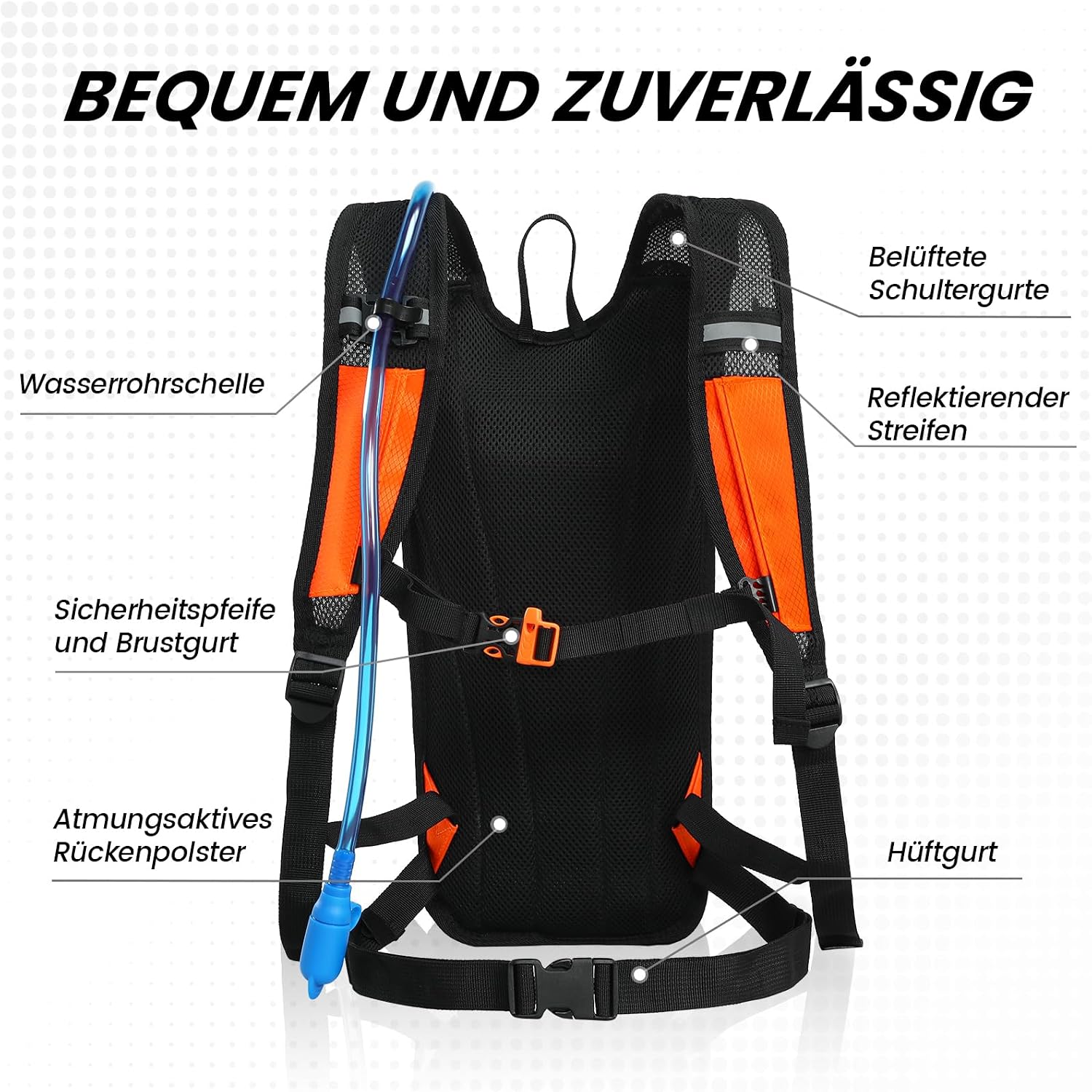 Detalle de Nepest 6L Fahrradrucksack mit 2L Trinkblase – Leicht, atmungsaktiv und wasserdicht (Orange)