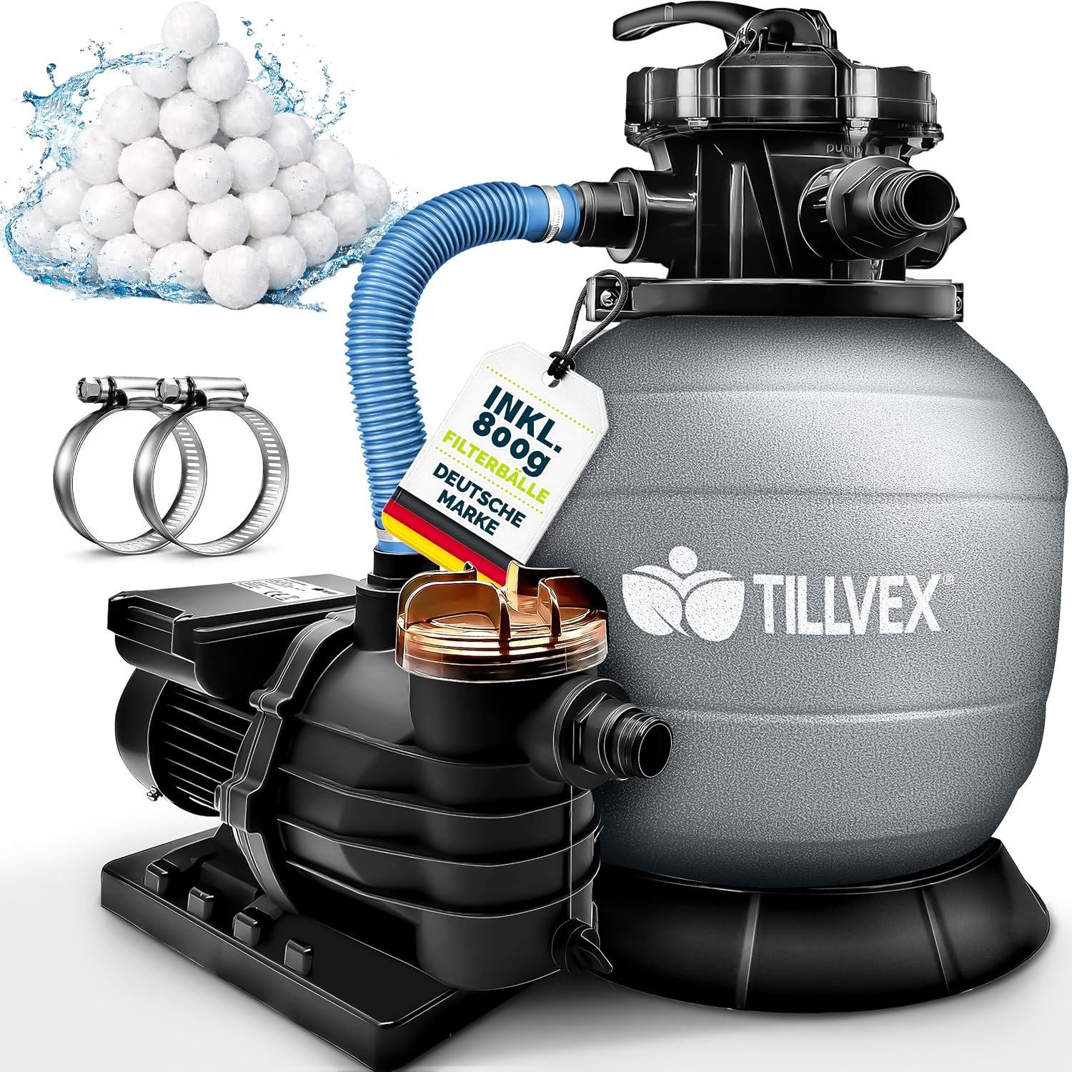 Detalle de tillvex Sandfilteranlage für Pool 10 m³/h inkl. 800 g Filterbälle, 7-Wege-Ventil & Druckanzeige (Ø32/38 mm)