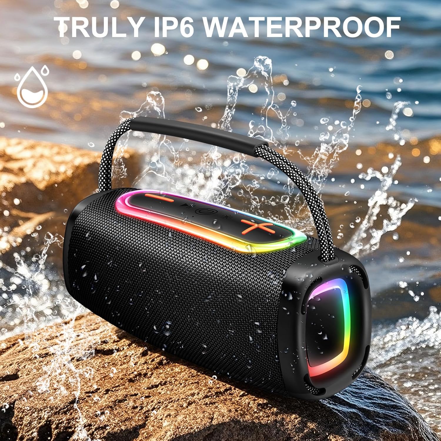 Detalle de Tragbarer Bluetooth-Lautsprecher mit Griff – IPX7, BT5.3, 24W, RGB-Lichtshow, 2×60-mm Treiber
