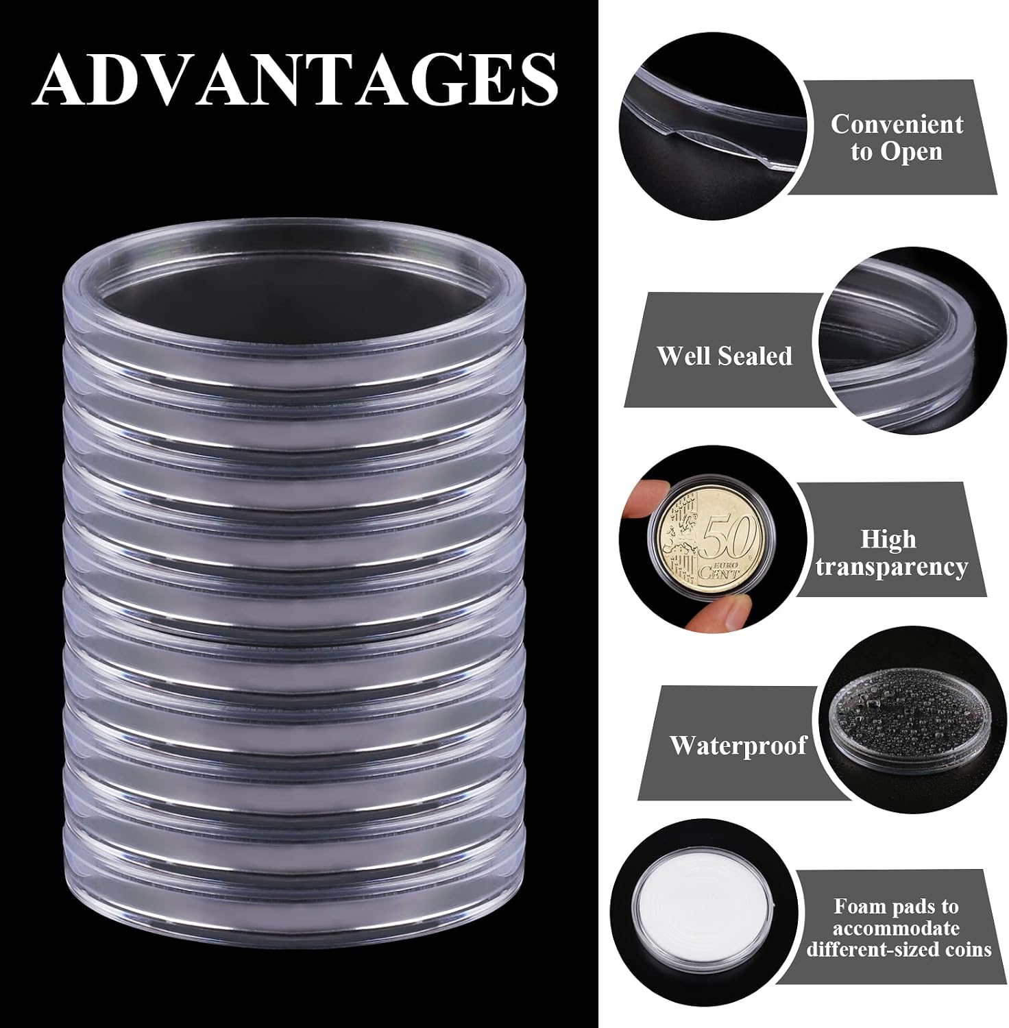 Detalle de Utron 17YBH0001 Coin Capsules, 40mm Clear Plastic with Adjustable Foam Rings