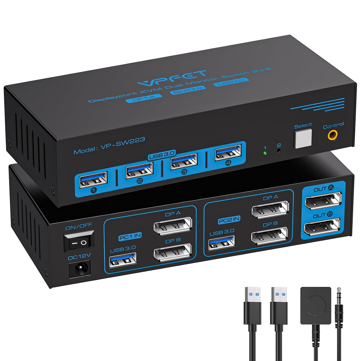 Detalle de VPFET SW223-Deep Blue Dual-Monitor DisplayPort KVM Switch, 8K and USB 3.0