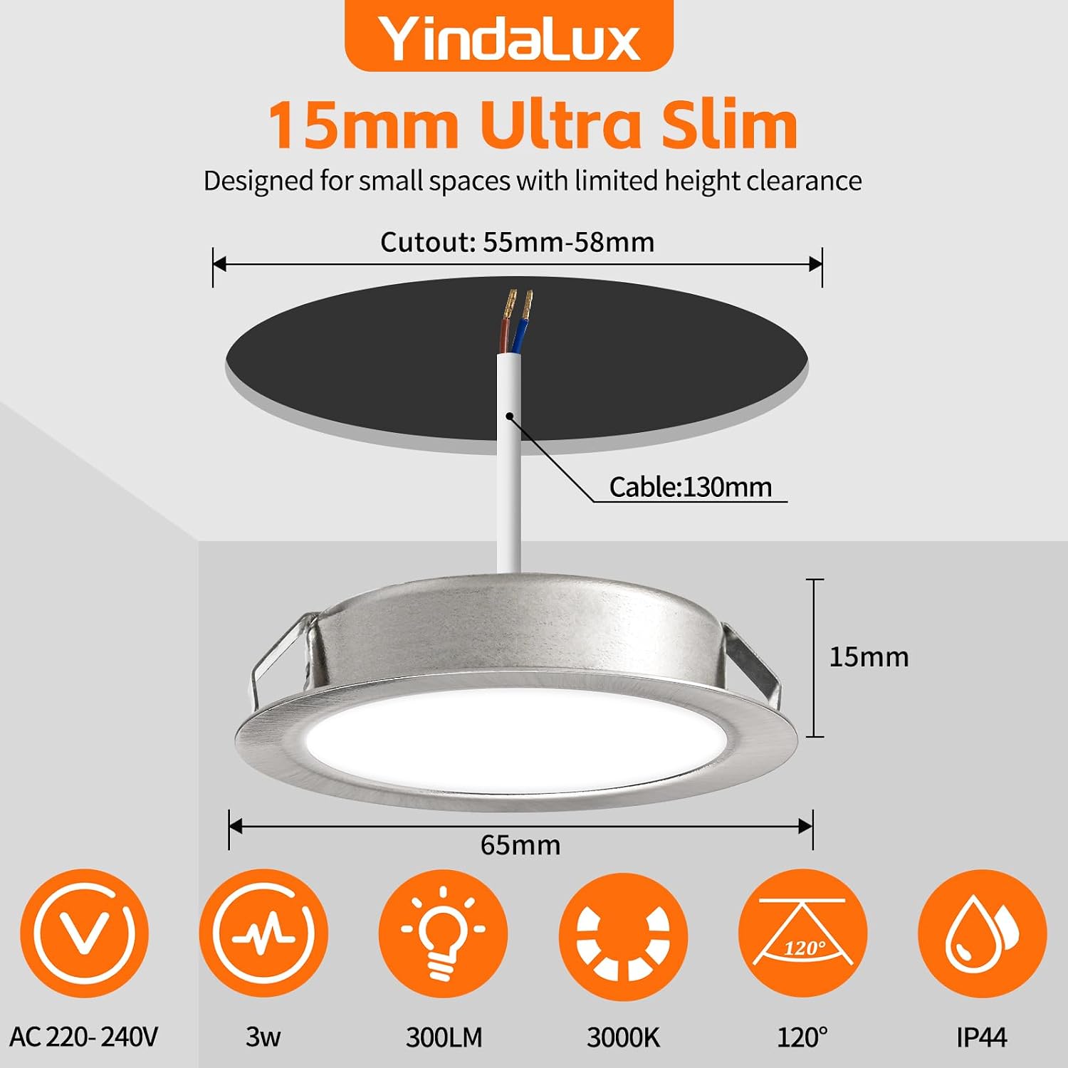 Detalle 2 de YindaLux 3er-Set LED-Einbaustrahler 230V, 3W, 3000K (3 x 300 lm), IP44 – ultra flach für Möbeleinbau