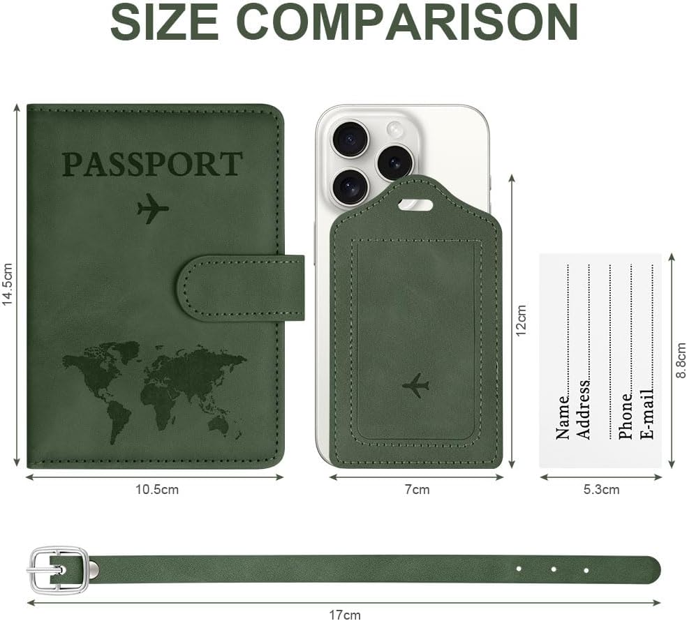 Thumbnail 1 de OFFCUP Passport Holder Cover with RFID Blocking and Luggage Tag Set (Green)