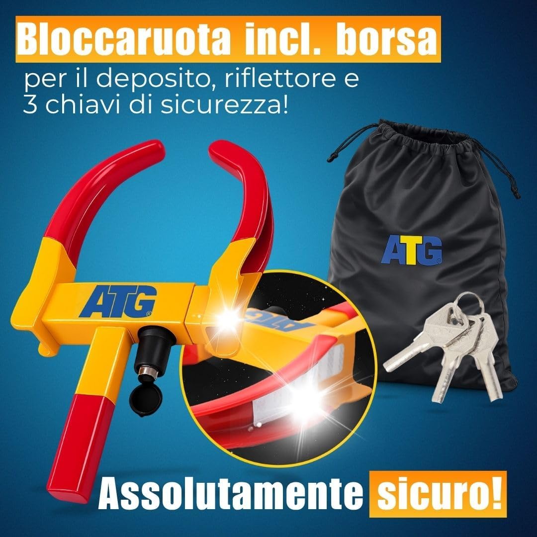 Detalle 2 de ATG Bloccaruota Auto e Rimorchio – Antifurto meccanico universale per auto, caravan, rimorchi, scooter e moto (18–28 cm)