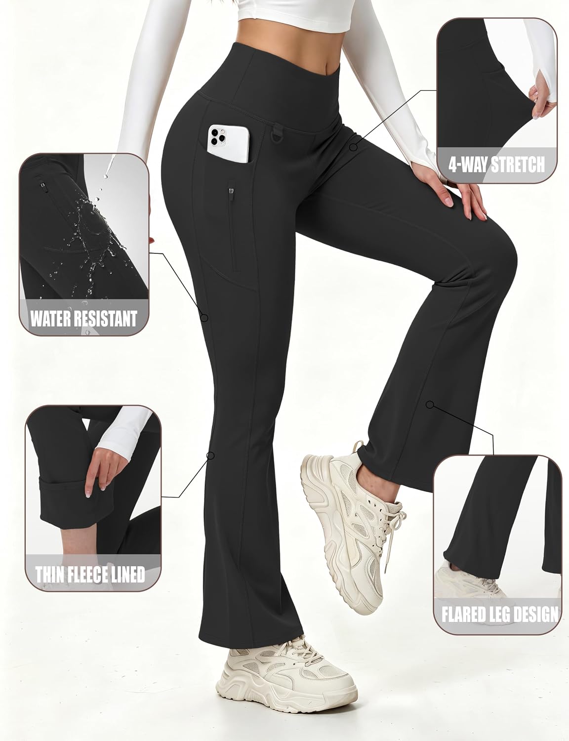 Detalle de MAGCOMSEN High Waist Flare Pants, Water-Resistant Leggings with 3 Zip Pockets