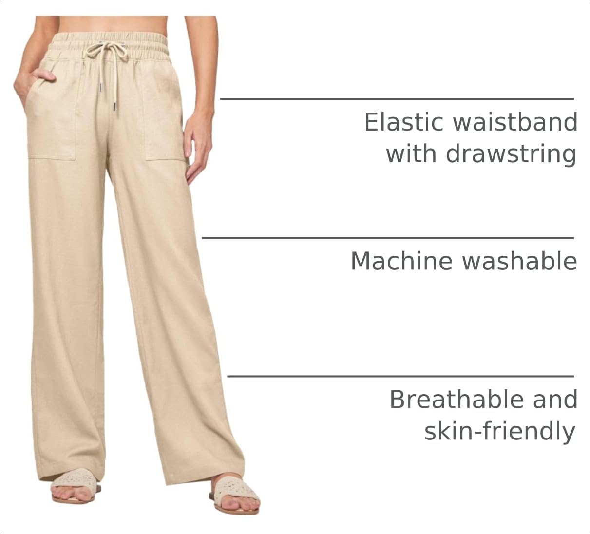 Detalle 2 de Willit Women Linen Pants Wide Leg Palazzo: Cotton-Linen Lounge Pants with Pockets (29/31/33)