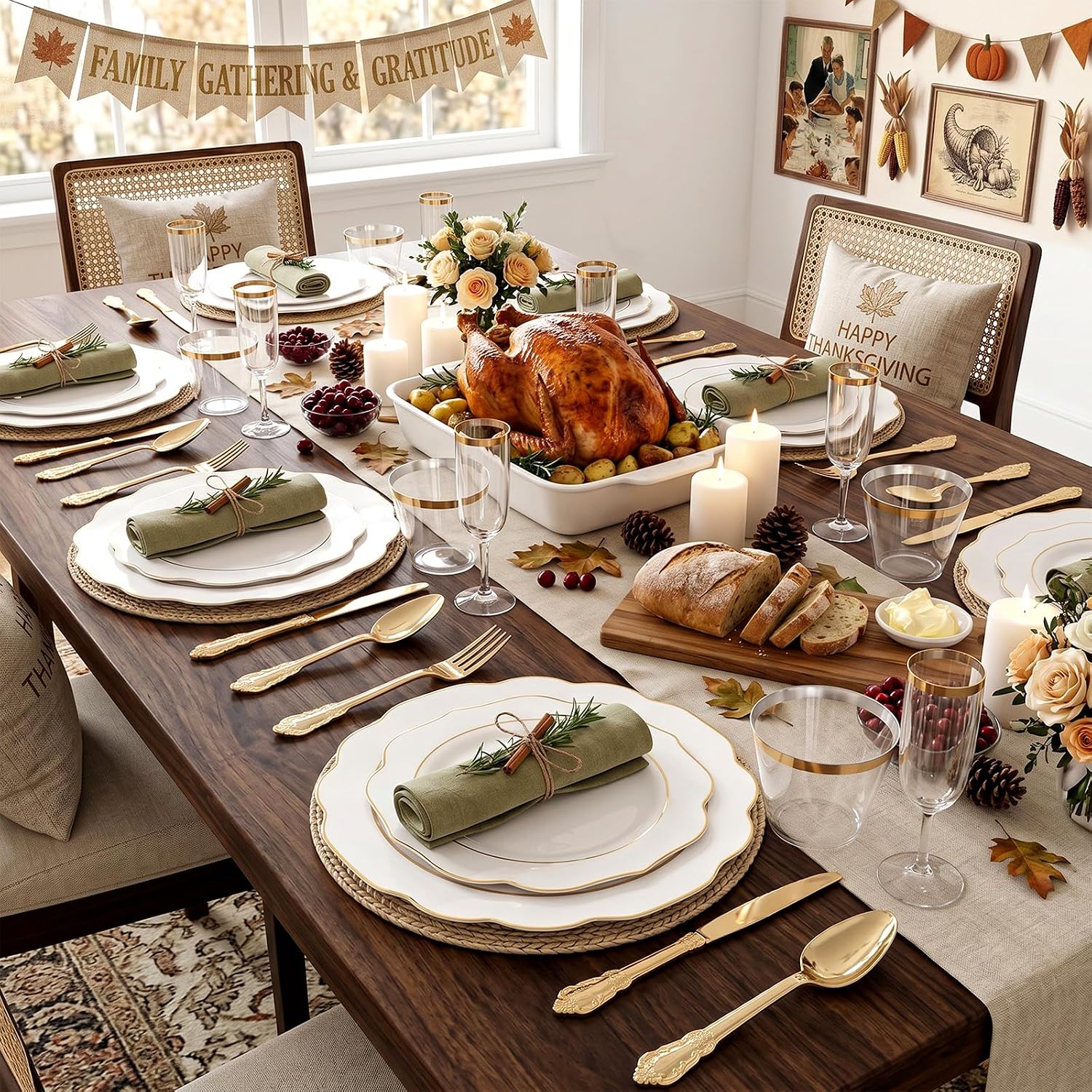 Detalle de NOCCUR 175-Piece White and Gold Plastic Dinnerware Set with Flower-Shaped Plates
