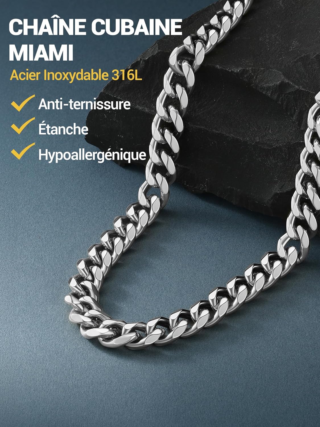 Thumbnail 1 de PROSTEEL Collier chaîne cubaine homme/femme en acier inoxydable & plaqué or, largeur 3/6/9/12 mm, longueurs 36 à 76 cm