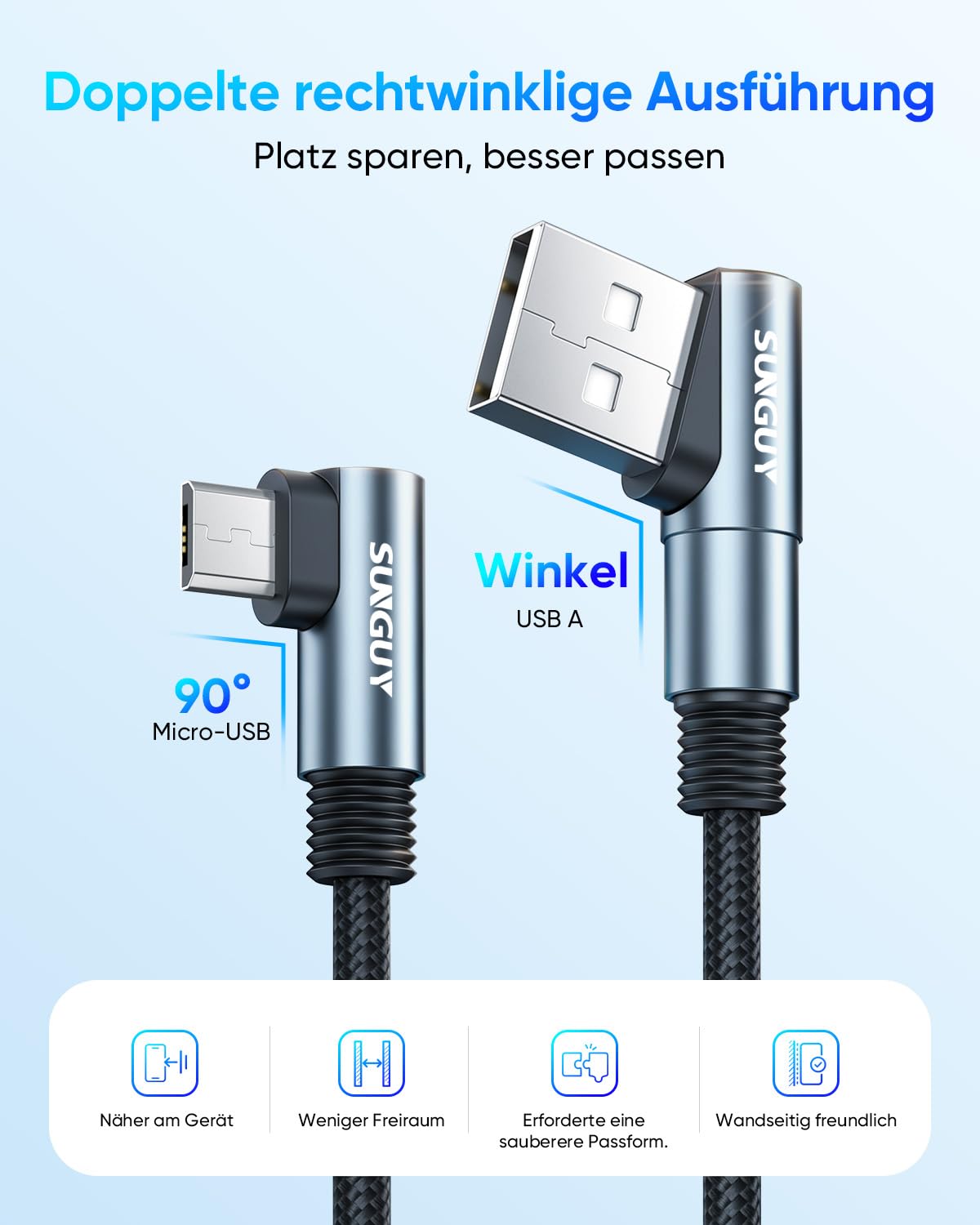 Thumbnail 1 de SUNGUY Micro-USB-Kabel 90° Winkel, 2er-Pack, 15 cm – nylon-geflochten, USB 2.0