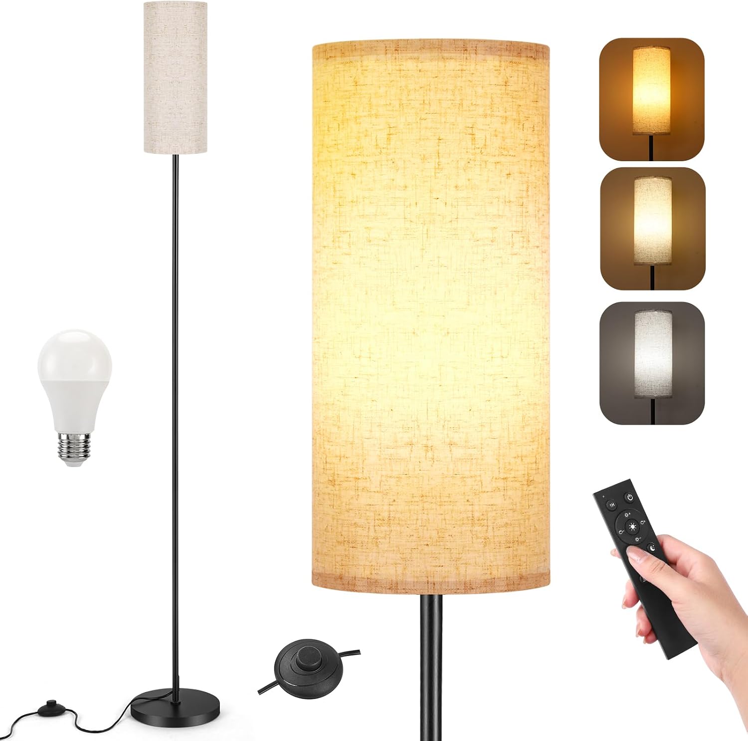 Detalle de YICAIZI Stehlampe 171,5 cm dimmbar mit Beige Lampenschirm, 12W E27, Fernbedienung & Fußschalter