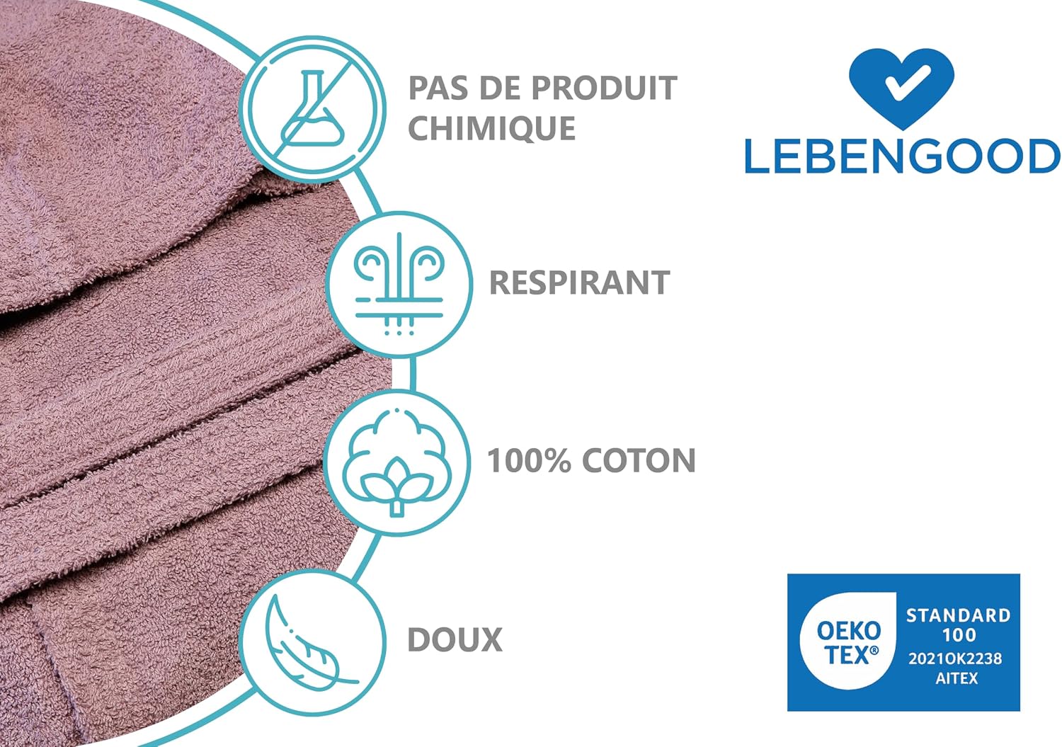 Detalle 2 de LEBENGOOD Peignoir 400 g/m² coton éponge