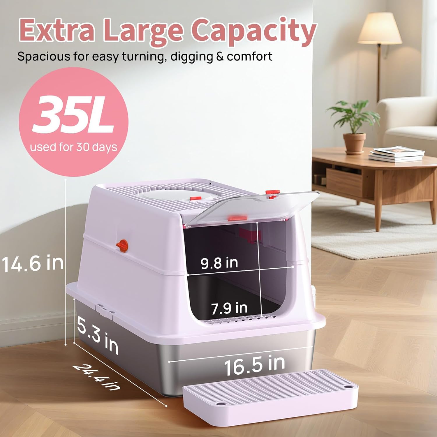 Detalle de Litière pour Chat en Acier Inoxydable 304 – XXL, avec Couvercle et Pédales, BEST JAJA ( Violet )