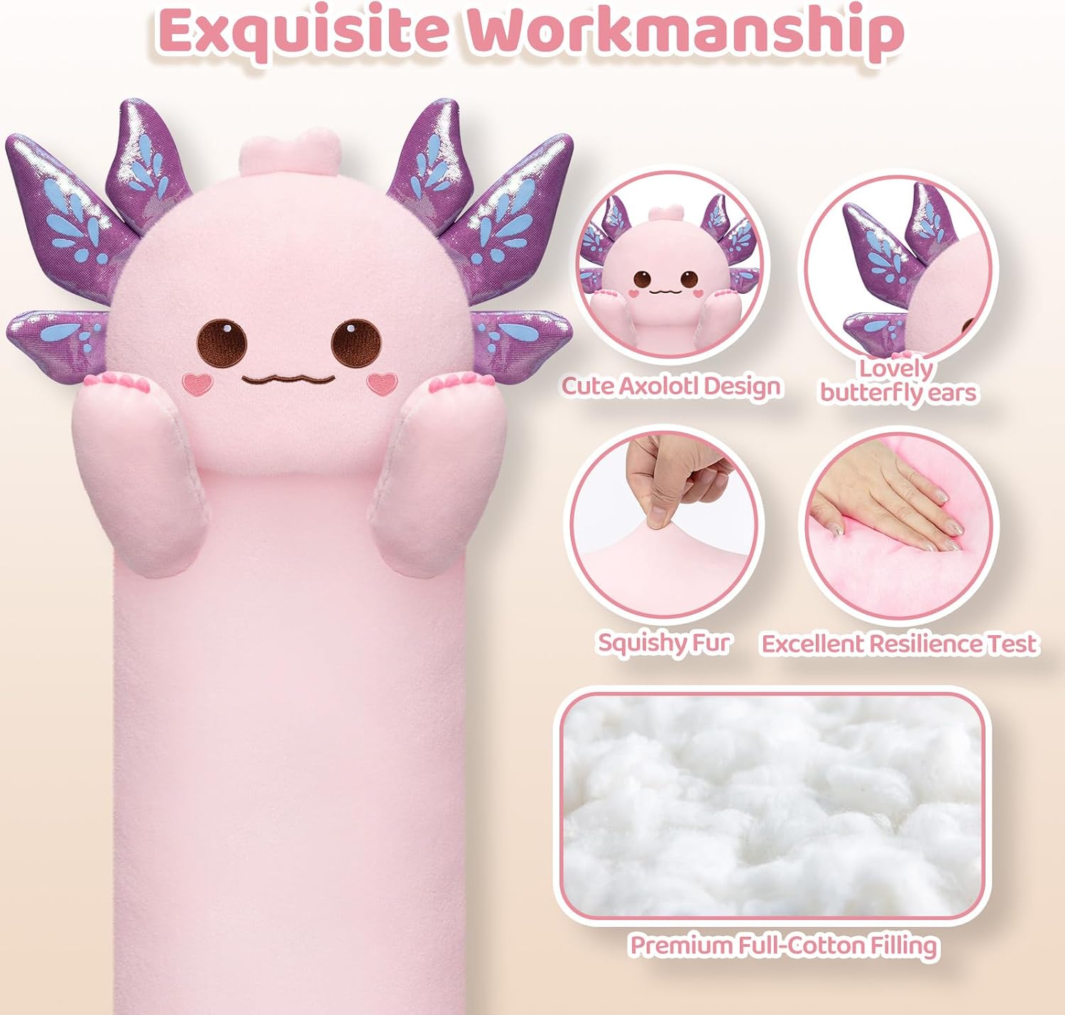 Detalle de Mewaii 20in Long Plush Axolotl Pillow – Purple cuddle and sleep hug toy