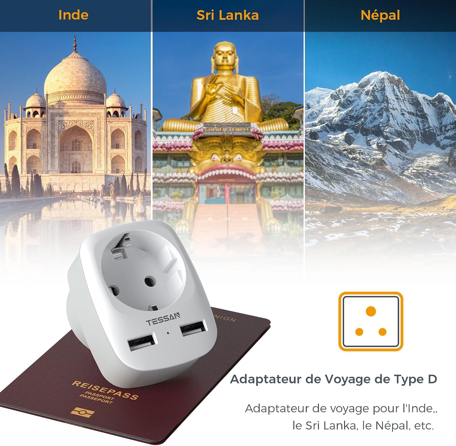 Detalle 2 de TESSAN Pack de 2 adaptateurs prise Inde Type D avec 2 USB (3 en 1) pour Inde, Sri Lanka et Népal