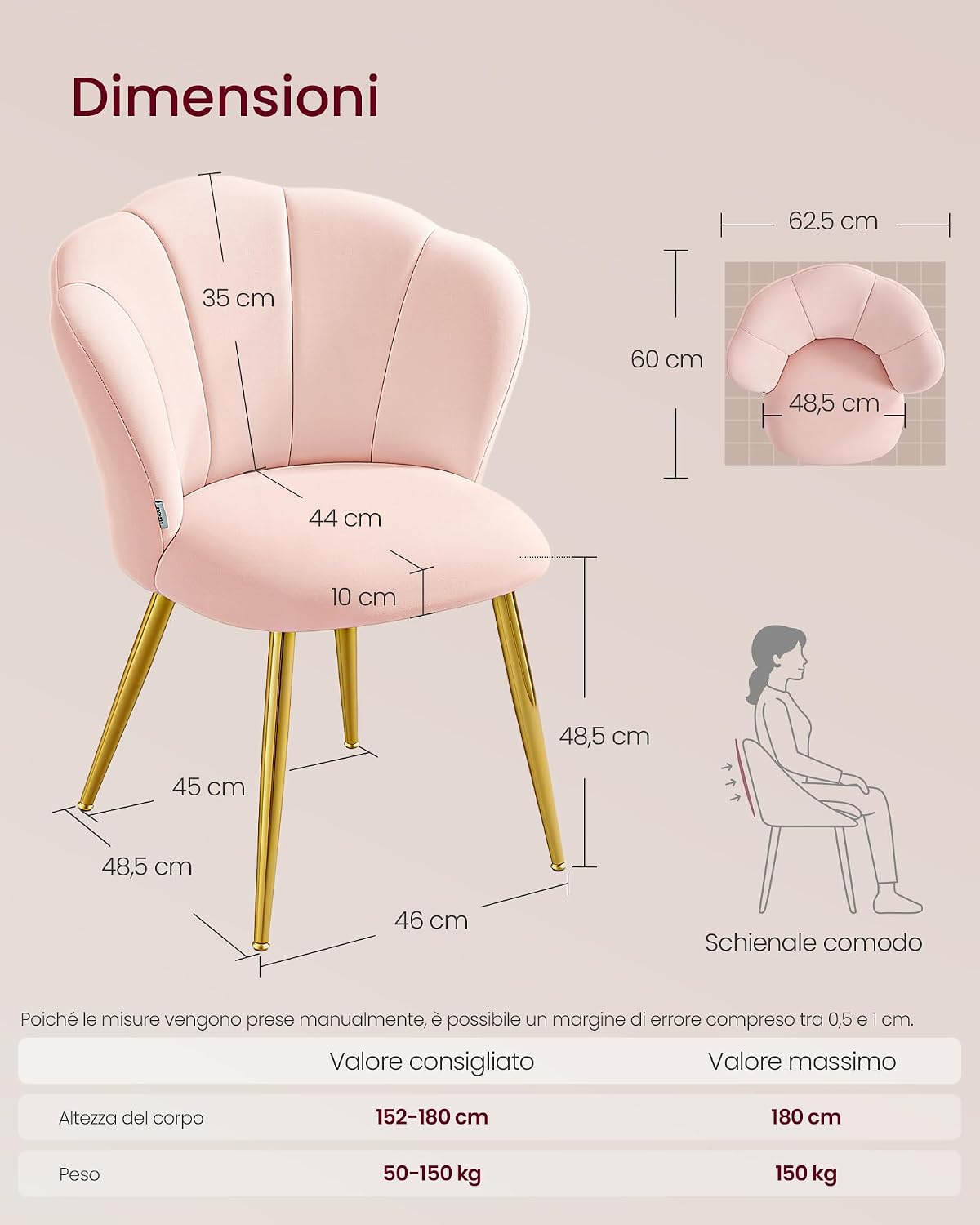 Detalle de VASAGLE Sedia da Pranzo Cucina KDC099S101: seduta imbottita in velluto rosa con schienale a forma di petali