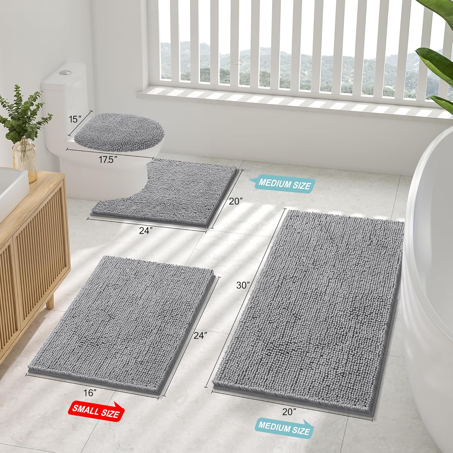 Thumbnail 1 de smiry Luxury Chenille Bathroom Rug 24x16 in Grey — extra soft, absorbent, machine washable bath mat