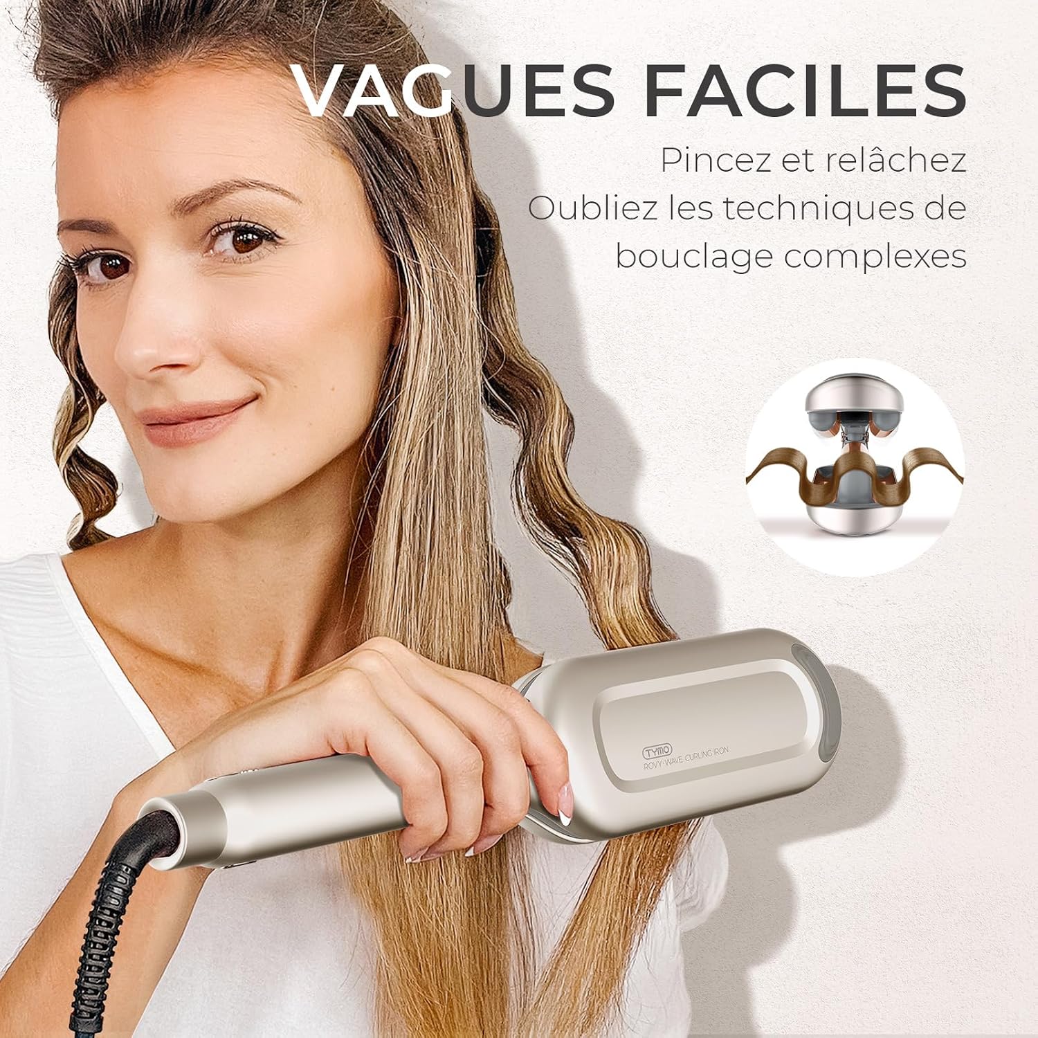 Detalle de TYMO ROVY Boucleur à Cheveux 32 mm – Ondulations Beach Waves faciles, pour tous types de cheveux