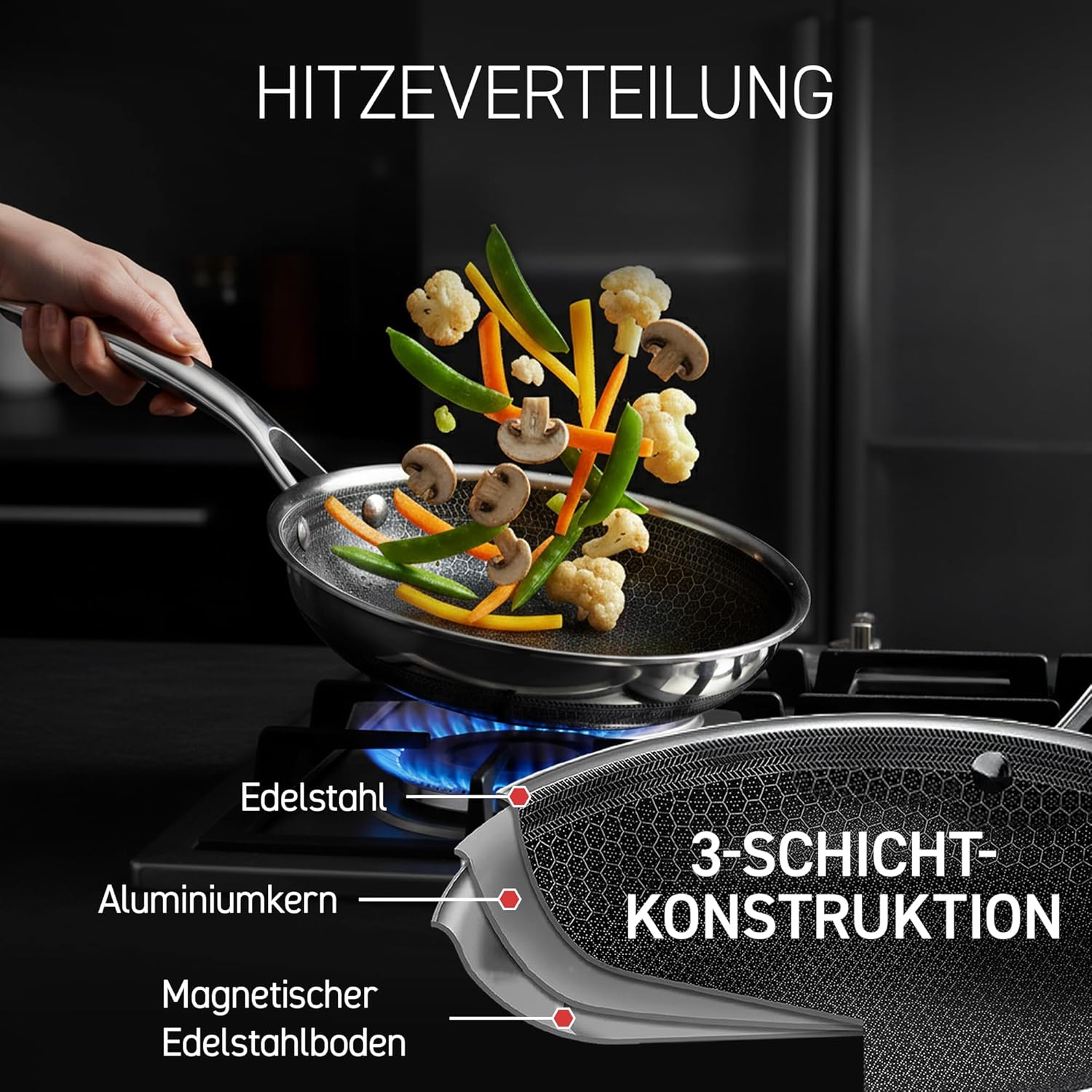 Detalle 2 de HexClad Hybrid-Wok Ø 30 cm – Antihaftbeschichtete Wokpfanne mit Stay-Cool-Griff