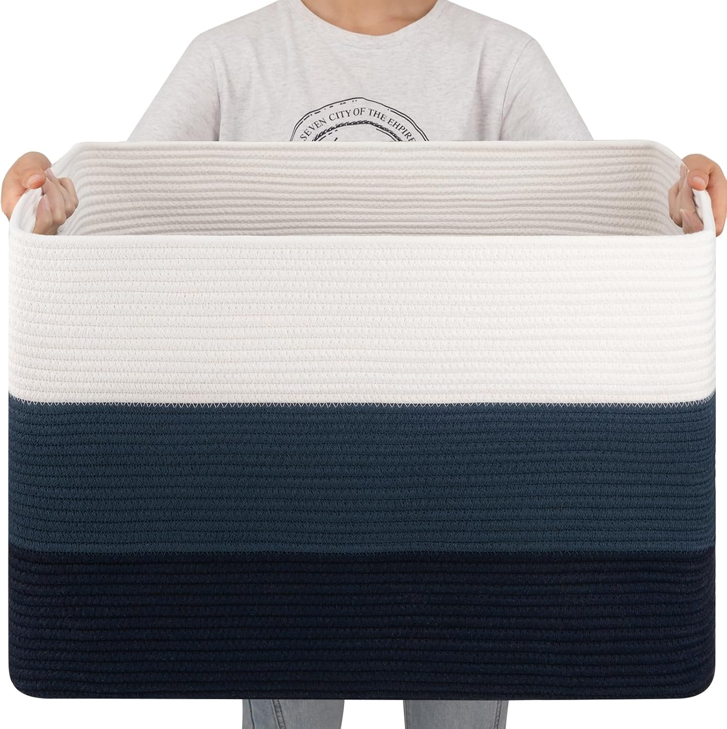 Detalle de OIAHOMY FSB-A-J-100L-04B 108L Cotton Rope Storage Basket, Gradient Blue