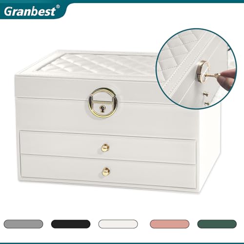 Thumbnail 5 de Granbest 3 Layers Jewellery Box with 2 Drawers — Elegant Leather Storage for Necklaces, Rings, Bracelets and Earrings (White)