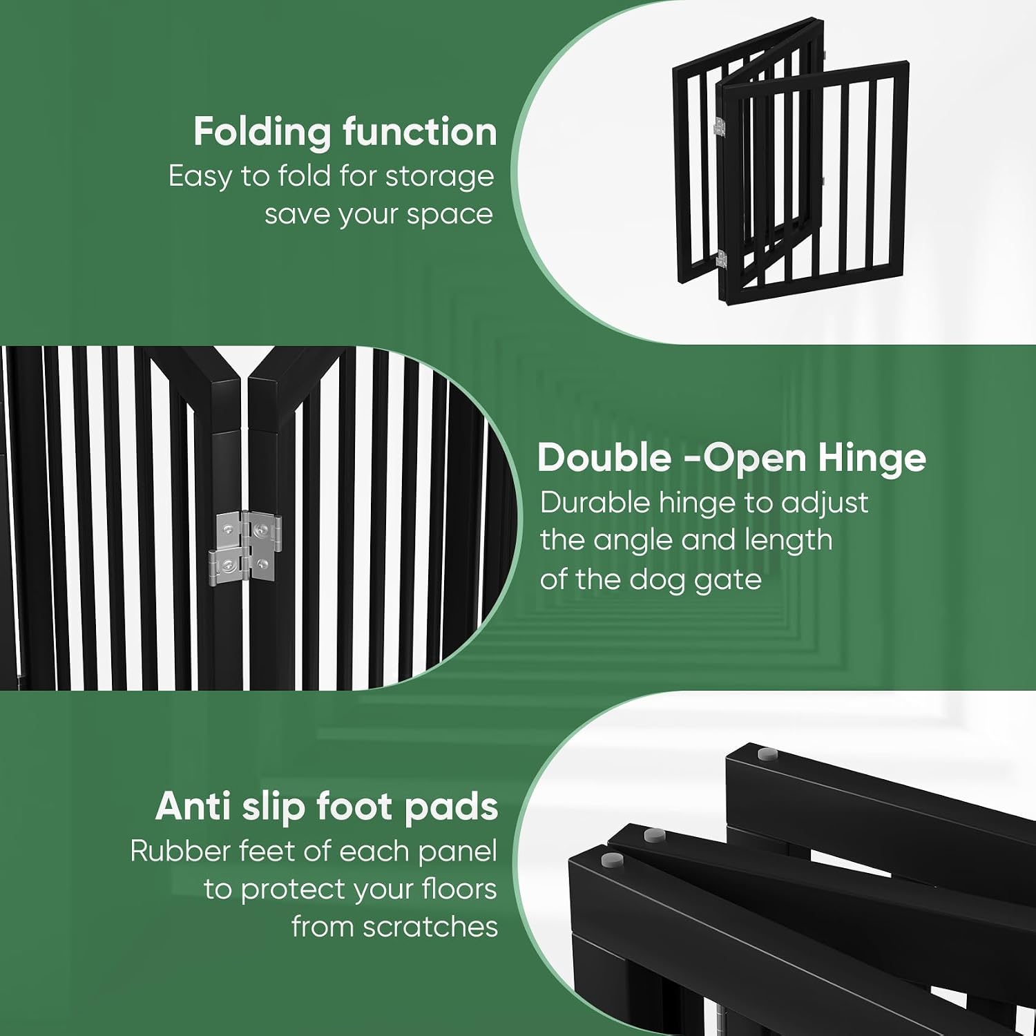 Detalle de Algherohein Freestanding Foldable Dog Gate, 3-Panel Black Wood Divider