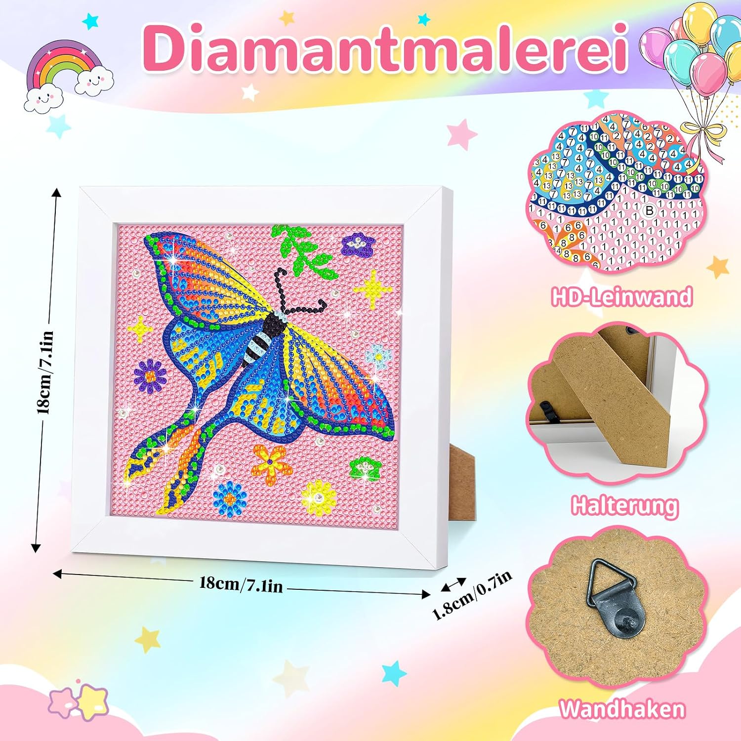 Detalle de jieyisier Motte Luna Diamond Painting 15x15 cm mit Holzrahmen – Bunte Schmetterlinge, Anfängerfreundlich